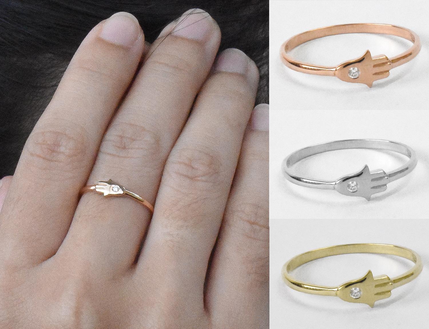 For Sale:  14k Gold 0.02 Carat Diamond Hamsa hand Ring  7