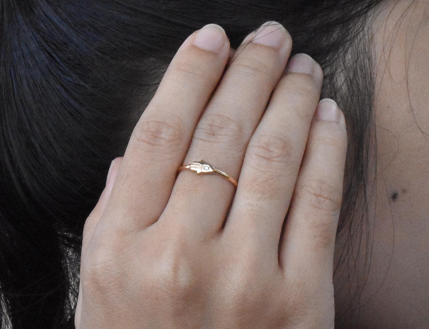 For Sale:  14k Gold 0.02 Carat Diamond Hamsa hand Ring  9