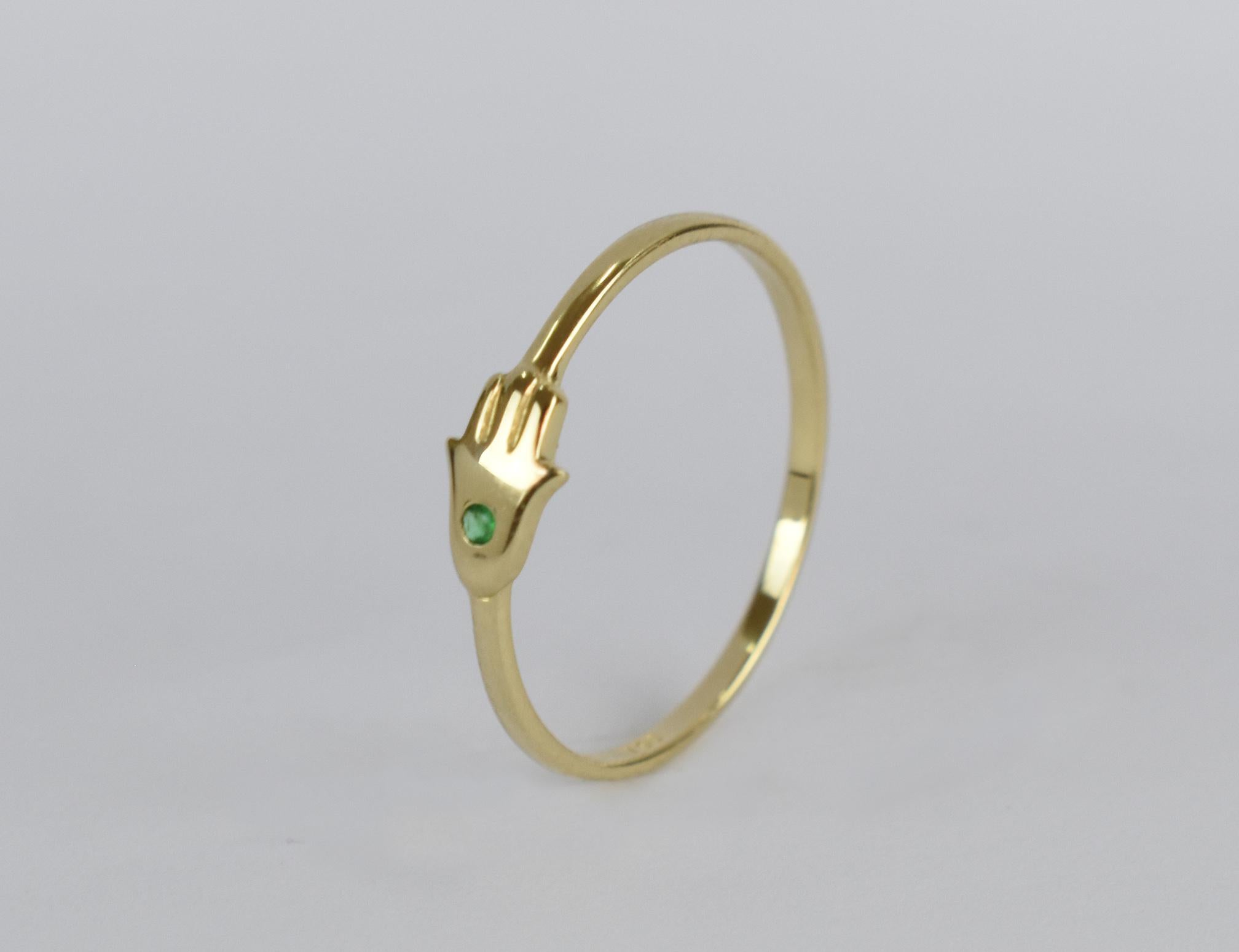 For Sale:  14k Gold 0.02 Carat Emerald Hamsa Hand Ring  8