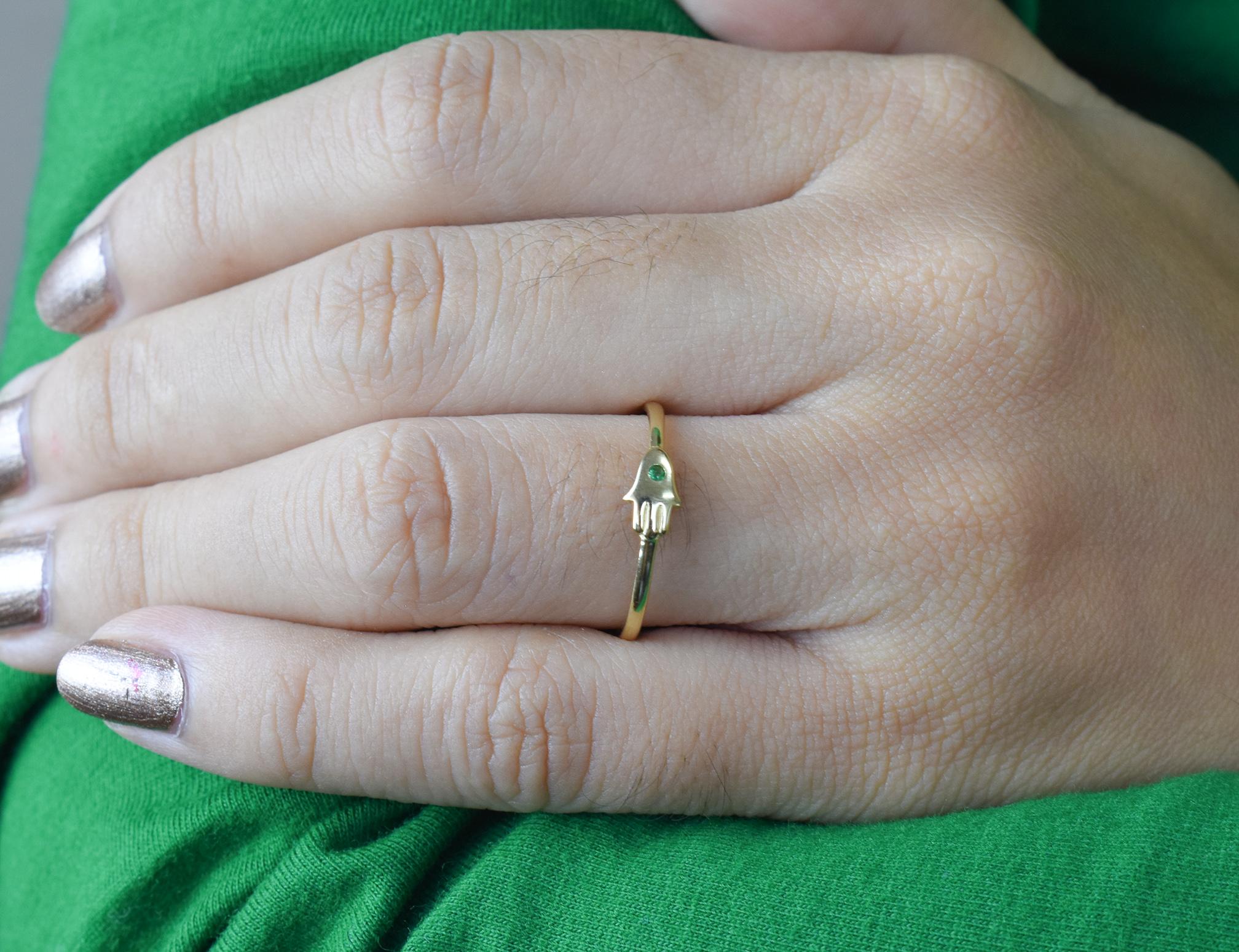 For Sale:  14k Gold 0.02 Carat Emerald Hamsa Hand Ring  10