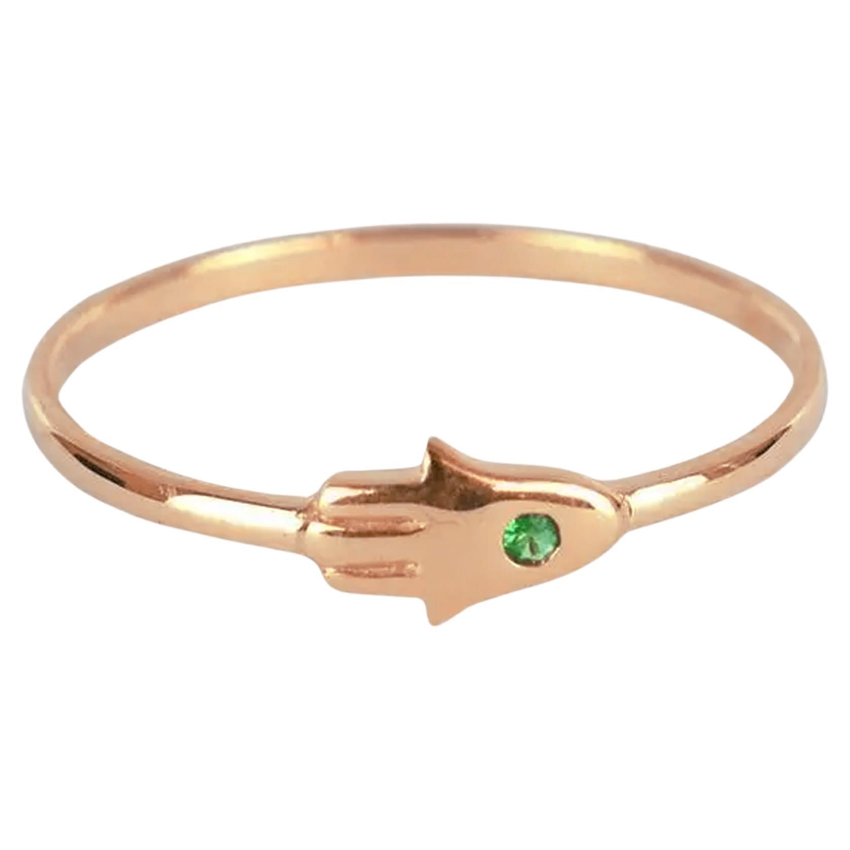 For Sale:  14k Gold 0.02 Carat Emerald Hamsa Hand Ring  2