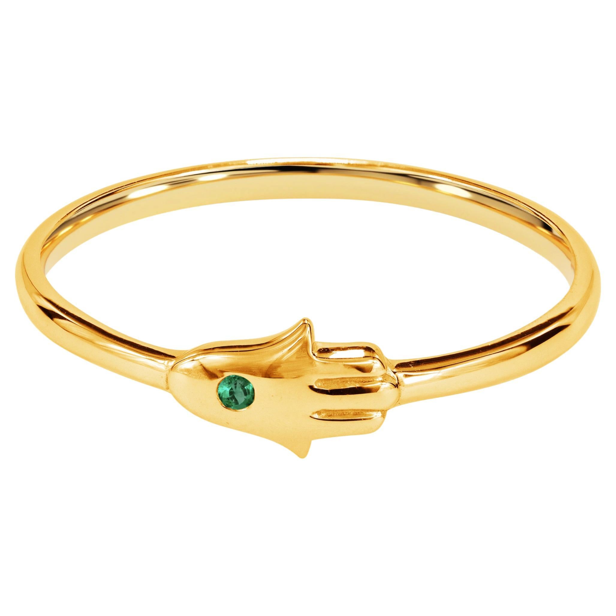 For Sale:  14k Gold 0.02 Carat Emerald Hamsa Hand Ring