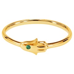 14k Gold 0.02 Carat Emerald Hamsa Hand Ring 