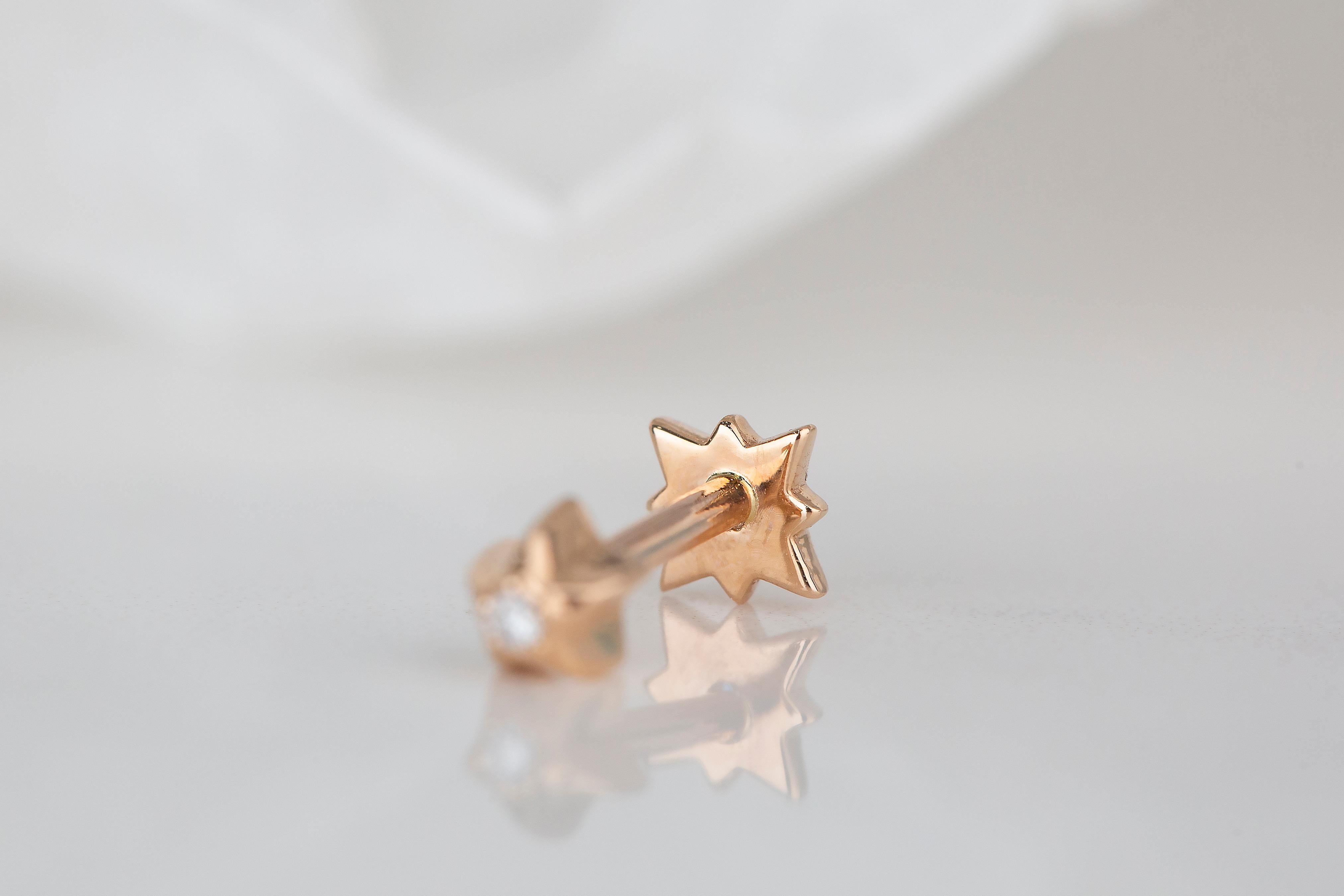 14K Gold 0.03 Ct Diamond North Star Piercing, Gold North Star Diamond Earring In New Condition For Sale In ISTANBUL, TR