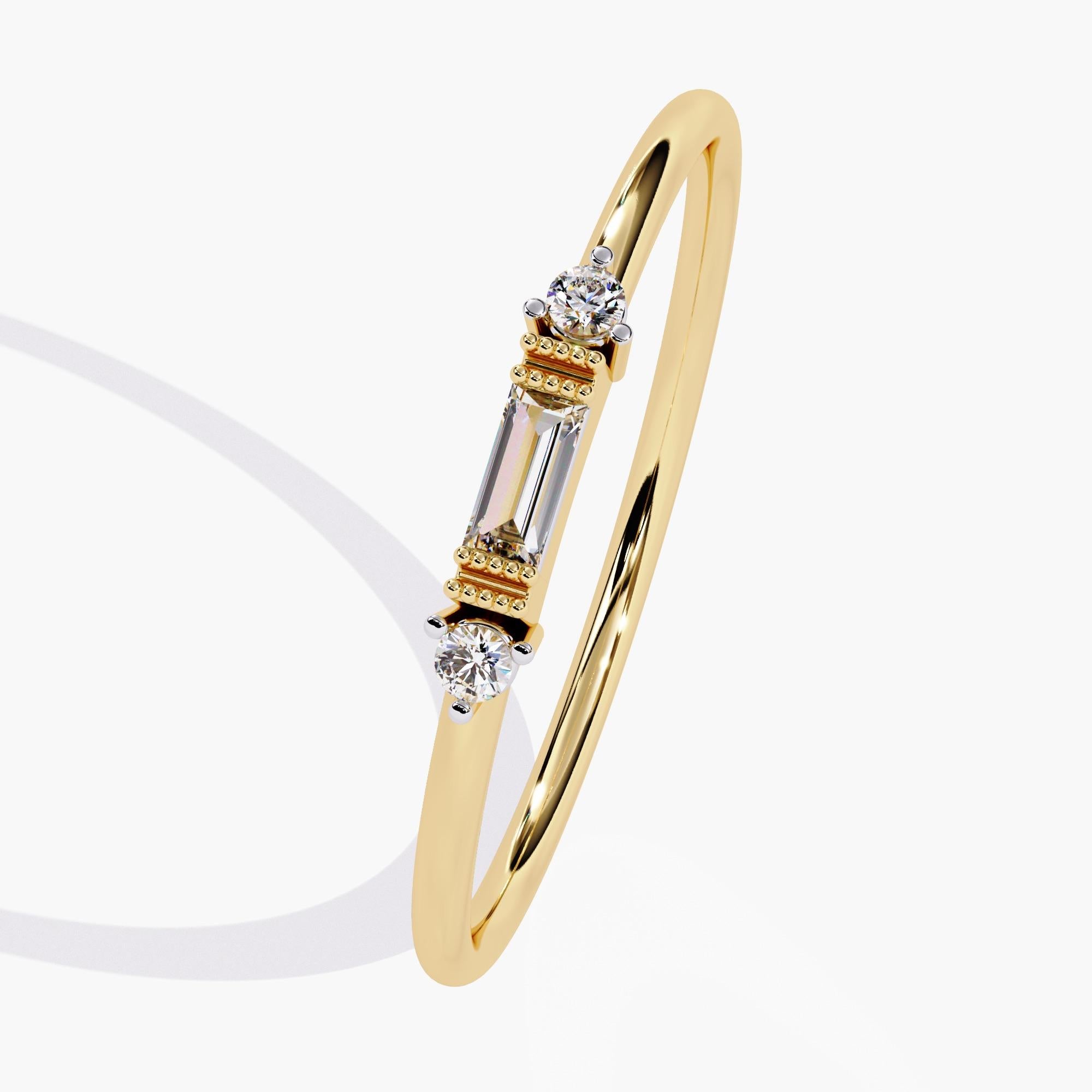 Scopri l'eleganza senza tempo con il nostro anello Dainty Baguette Diamond. Realizzato con maestria, questo pezzo squisito presenta un elegante diamante naturale con taglio a baguette, incastonato in una fascia minimalista per un aspetto raffinato e