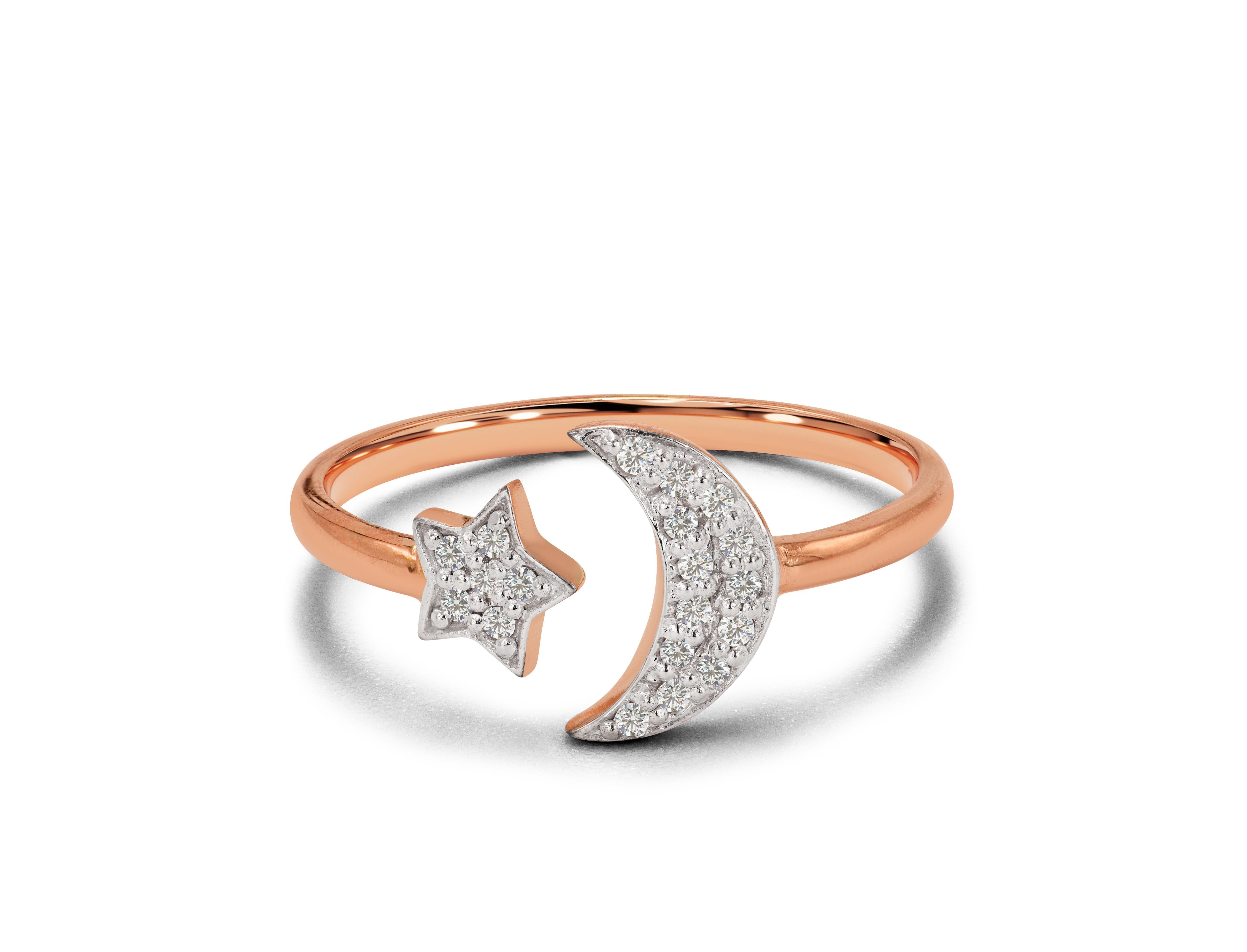 14k Gold 0.06 Carat diamond Moon and Star Ring 