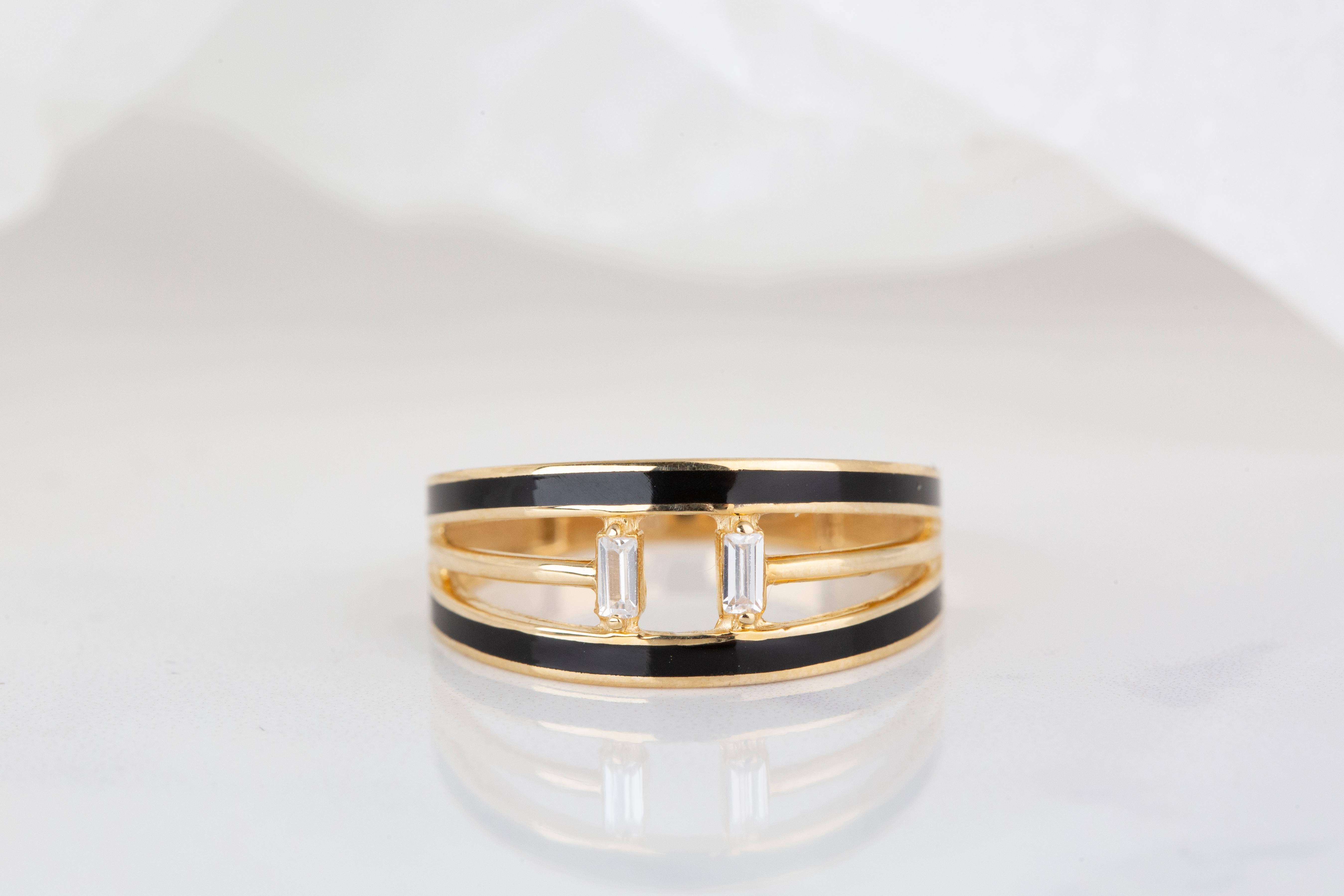 For Sale:  14K Gold 0.07 Ct Emerald Cut Diamond Black Enamel Ring 5