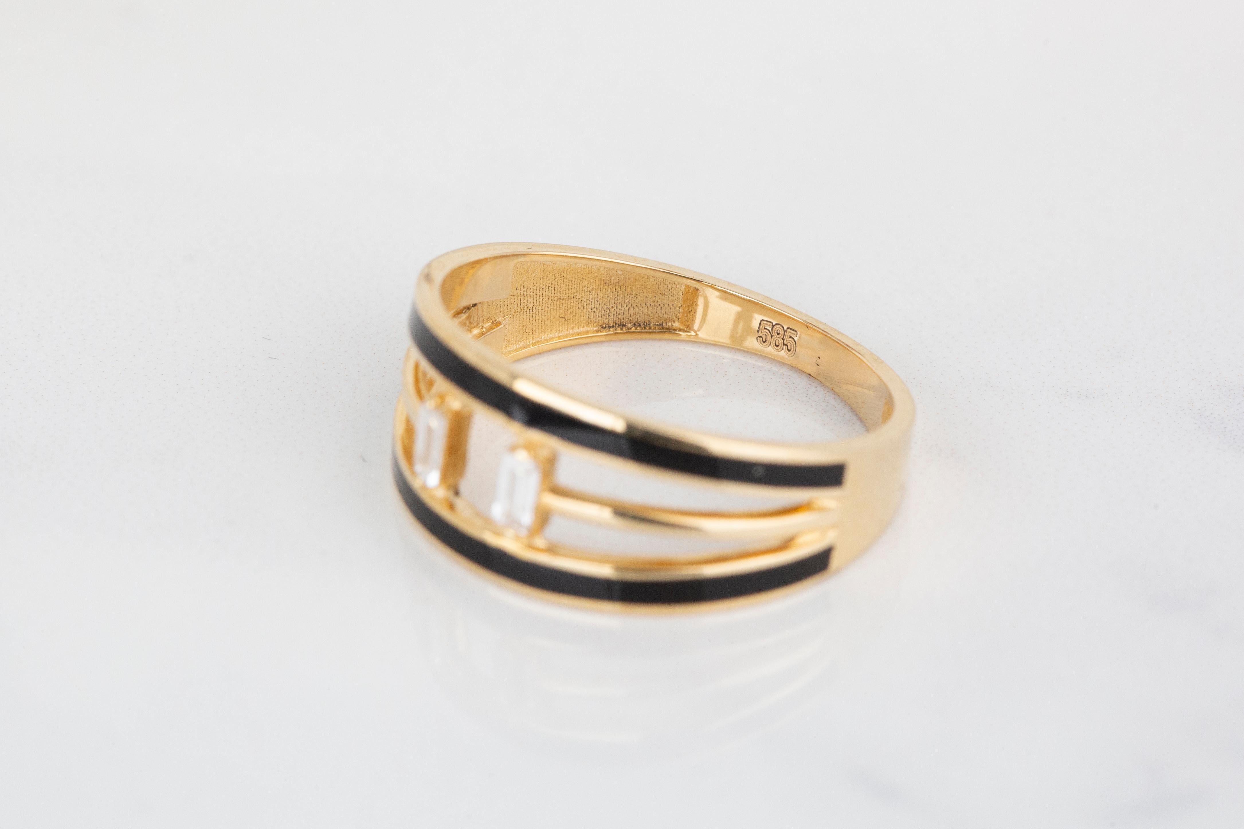 For Sale:  14K Gold 0.07 Ct Emerald Cut Diamond Black Enamel Ring 8