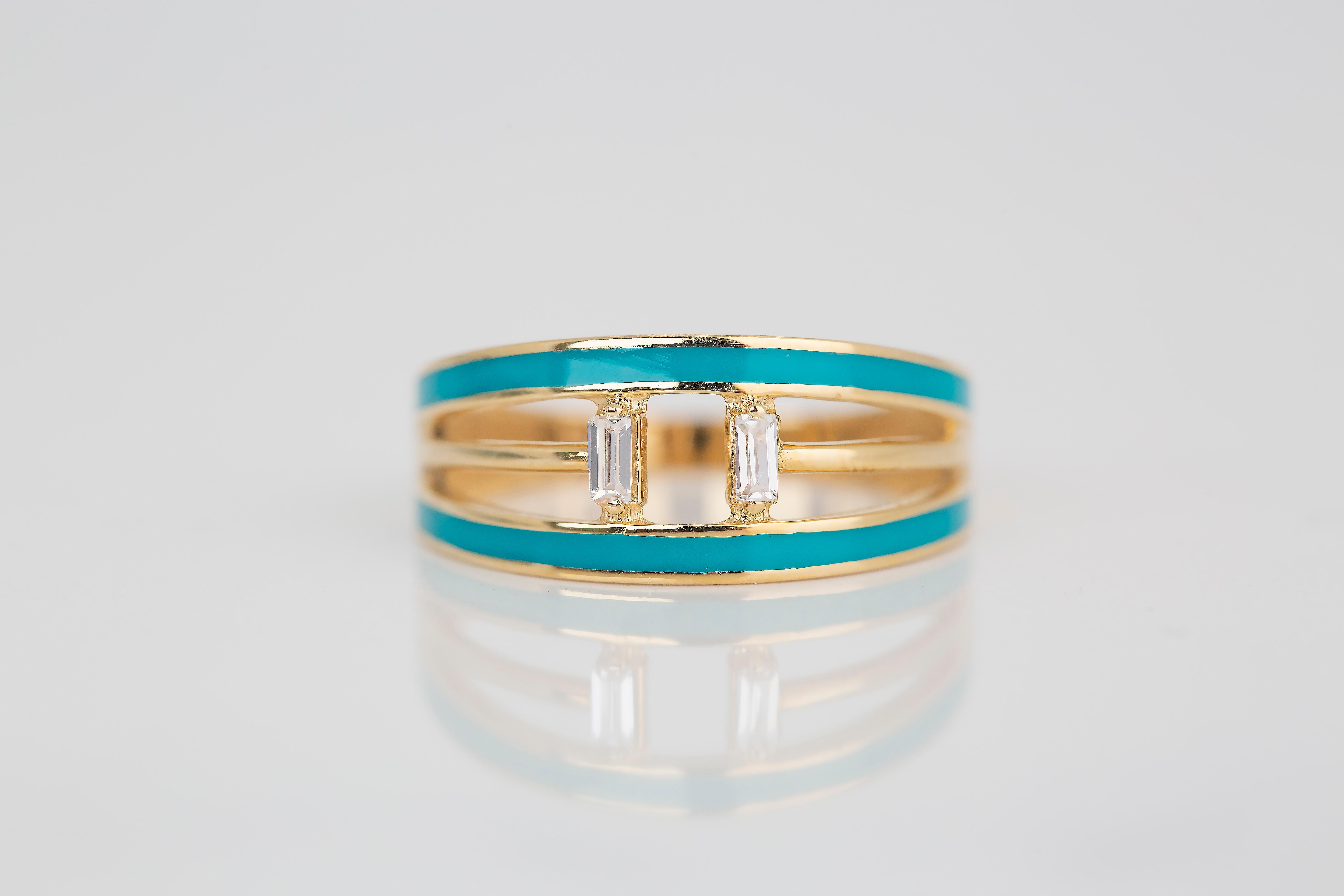 For Sale:  14K Gold 0.07 Ct Emerald Cut Diamond Turquoise Enamel Ring 4