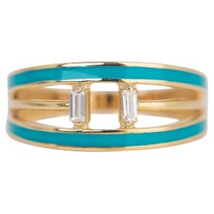 14K Gold 0,07 Karat Smaragdschliff Diamant Türkis-Emaille-Ring