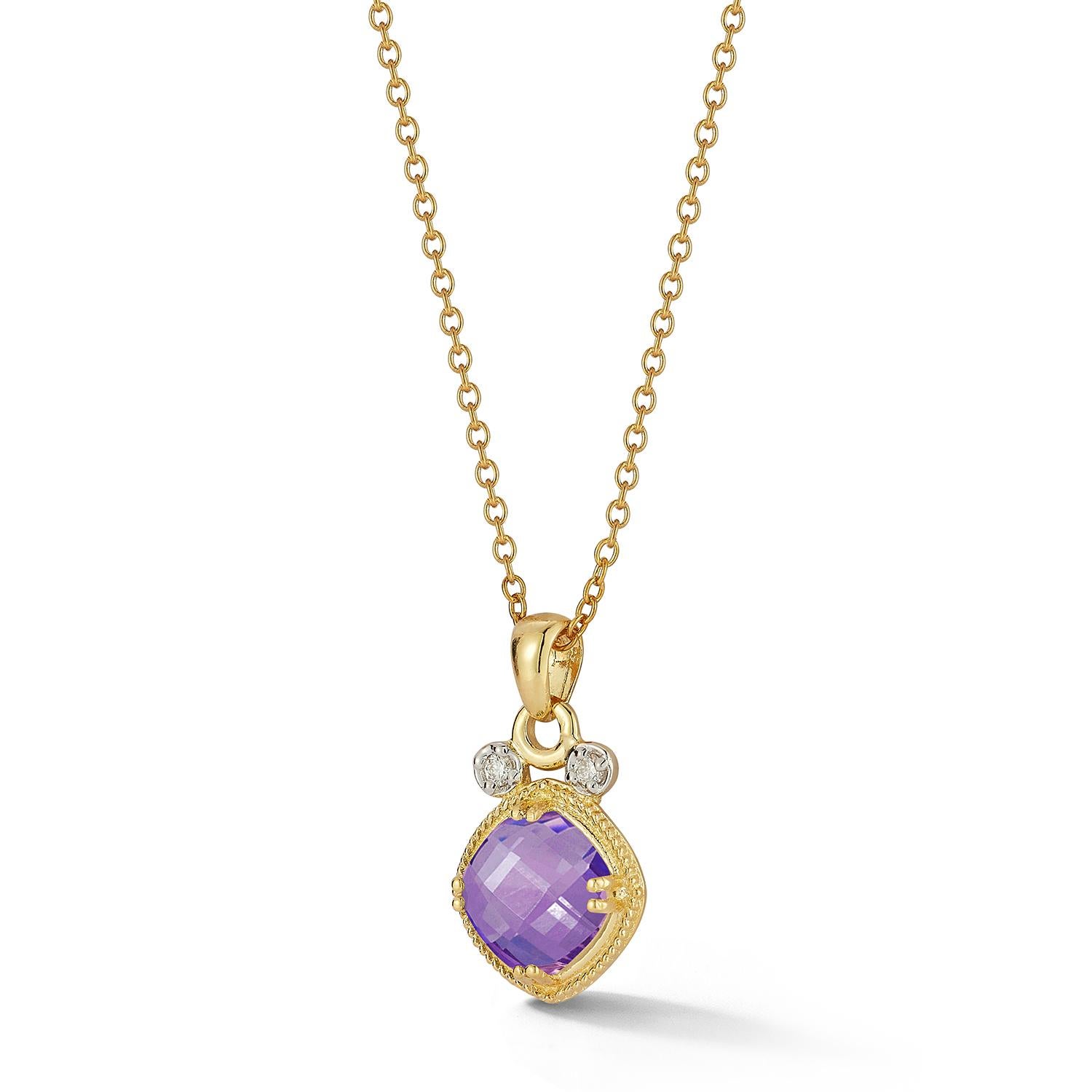 14 Karat Yellow Gold Polish-Finished Color Stone Pendant, Centered with a Beaded-Framed 8mm 2.0CT Checkerboard-Cut Cushion Shaped Amethyst Semi-Precious Color Stone, Accented with 0.07 Carats of Bezel Set Diamonds and Sliding on a 16