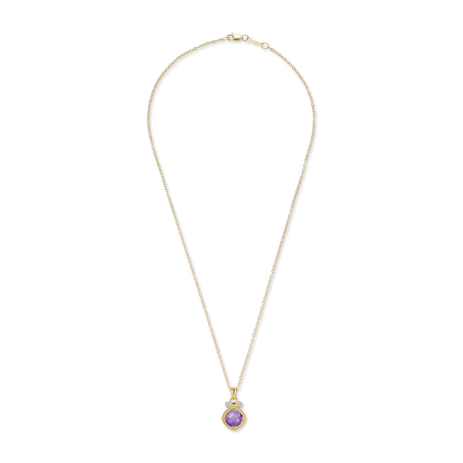 Cushion Cut 14K Gold 0.07 ct. tw. & 2.0CT Amethyst Color Stone Pendant For Sale