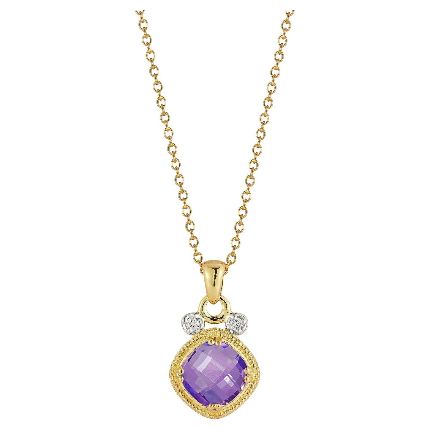 14K Gold 0.07 ct. tw. & 2.0CT Amethyst Color Stone Pendant For Sale