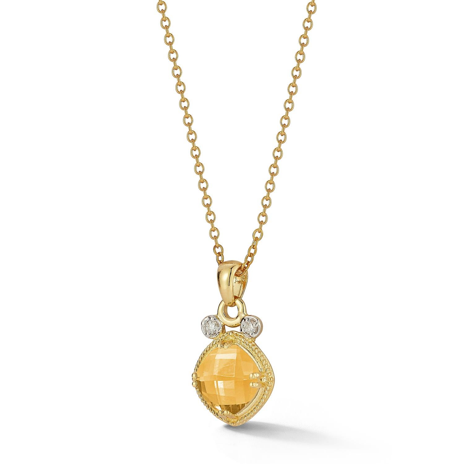 14 Karat Yellow Gold Polish-Finished Color Stone Pendant, Centered with a Beaded-Framed 8mm 2.0CT Checkerboard-Cut Cushion Shaped Citrine Semi-Precious Color Stone, Accented with 0.07 Carats of Bezel Set Diamonds and Sliding on a 16