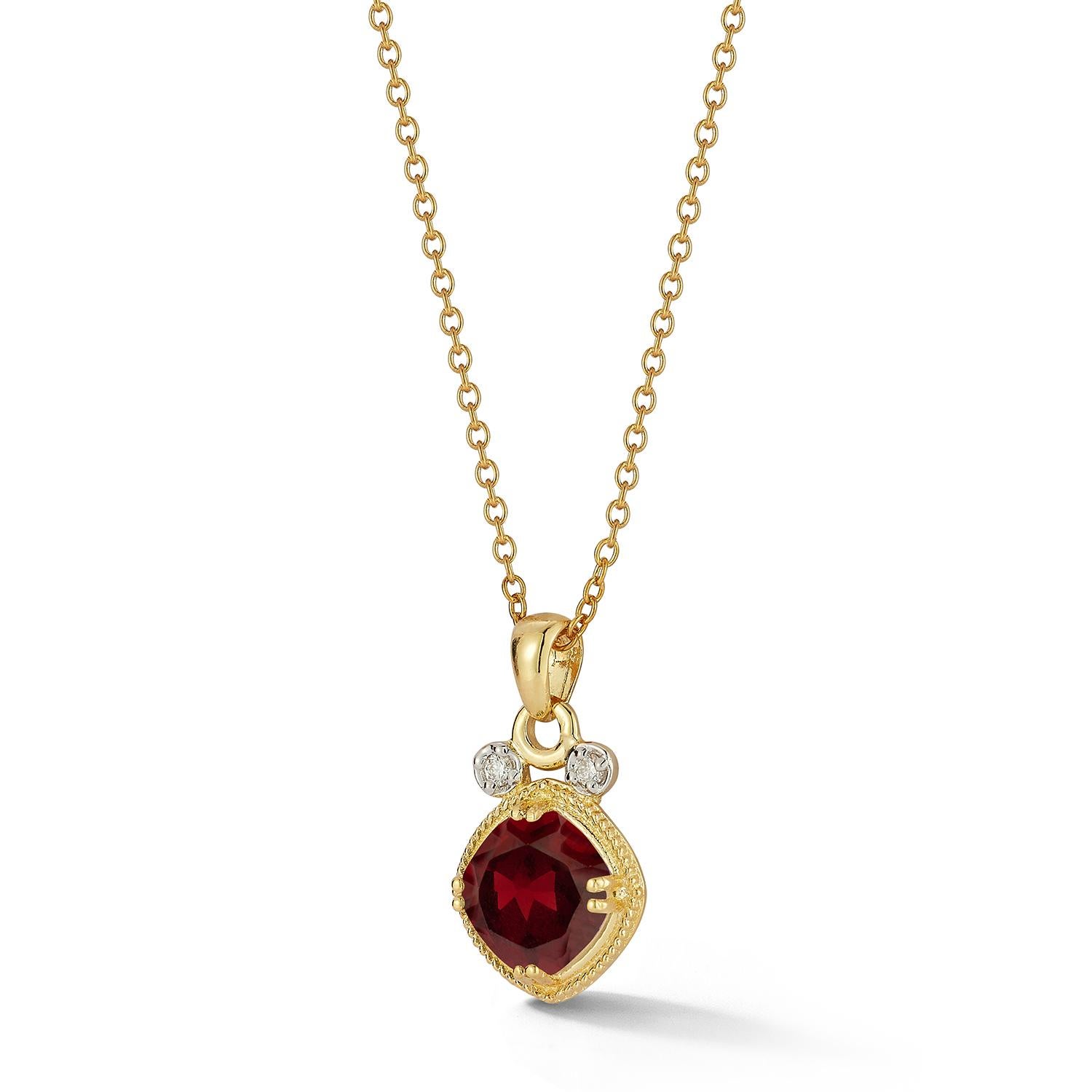 14 Karat Yellow Gold Polish-Finished Color Stone Pendant, Centered with a Beaded-Framed 8mm 2.9CT Checkerboard-Cut Cushion Shaped Garnet Semi-Precious Color Stone, Accented with 0.07 Carats of Bezel Set Diamonds and Sliding on a 16