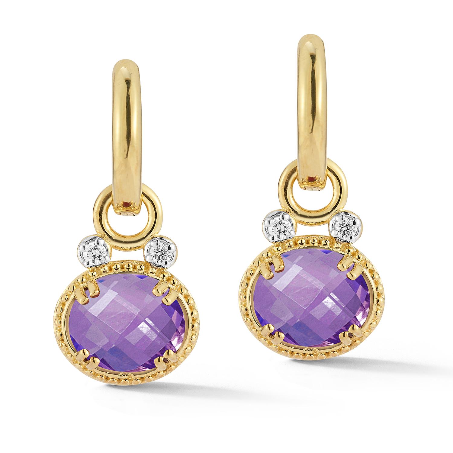Pendientes de aro de oro amarillo de 14 quilates con acabado pulido, engastados con una amatista semipreciosa de color de 4,9 quilates, talla damero, 8x10 mm, de forma ovalada, y decorados con diamantes de 0,10 quilates
