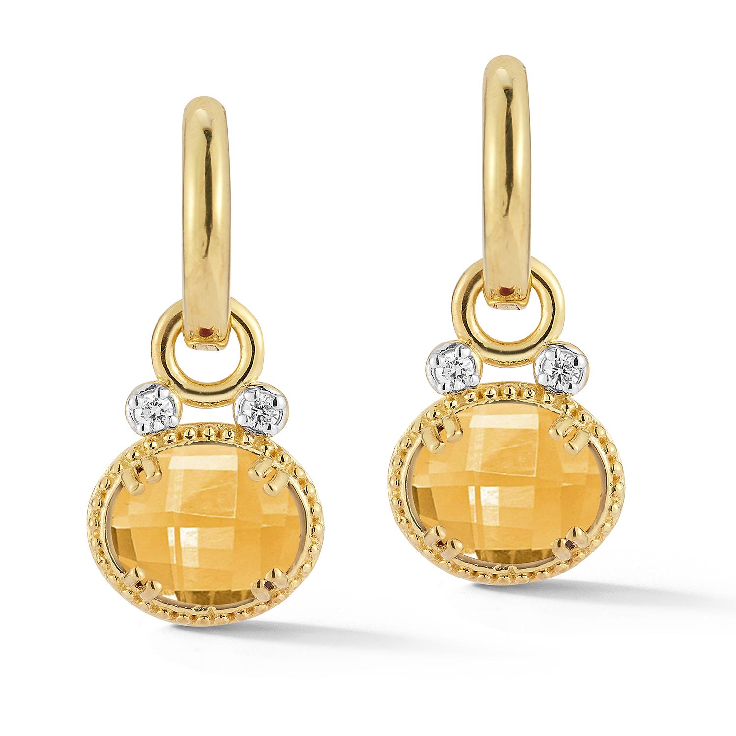 Orecchini a cerchio in oro giallo 14 carati, rifiniti a lucido, con pietre semipreziose citrine a forma ovale tagliate a scacchiera da 4,9 carati 8x10 mm e diamanti da 0,10 carati. Chiusura a cerniera.
