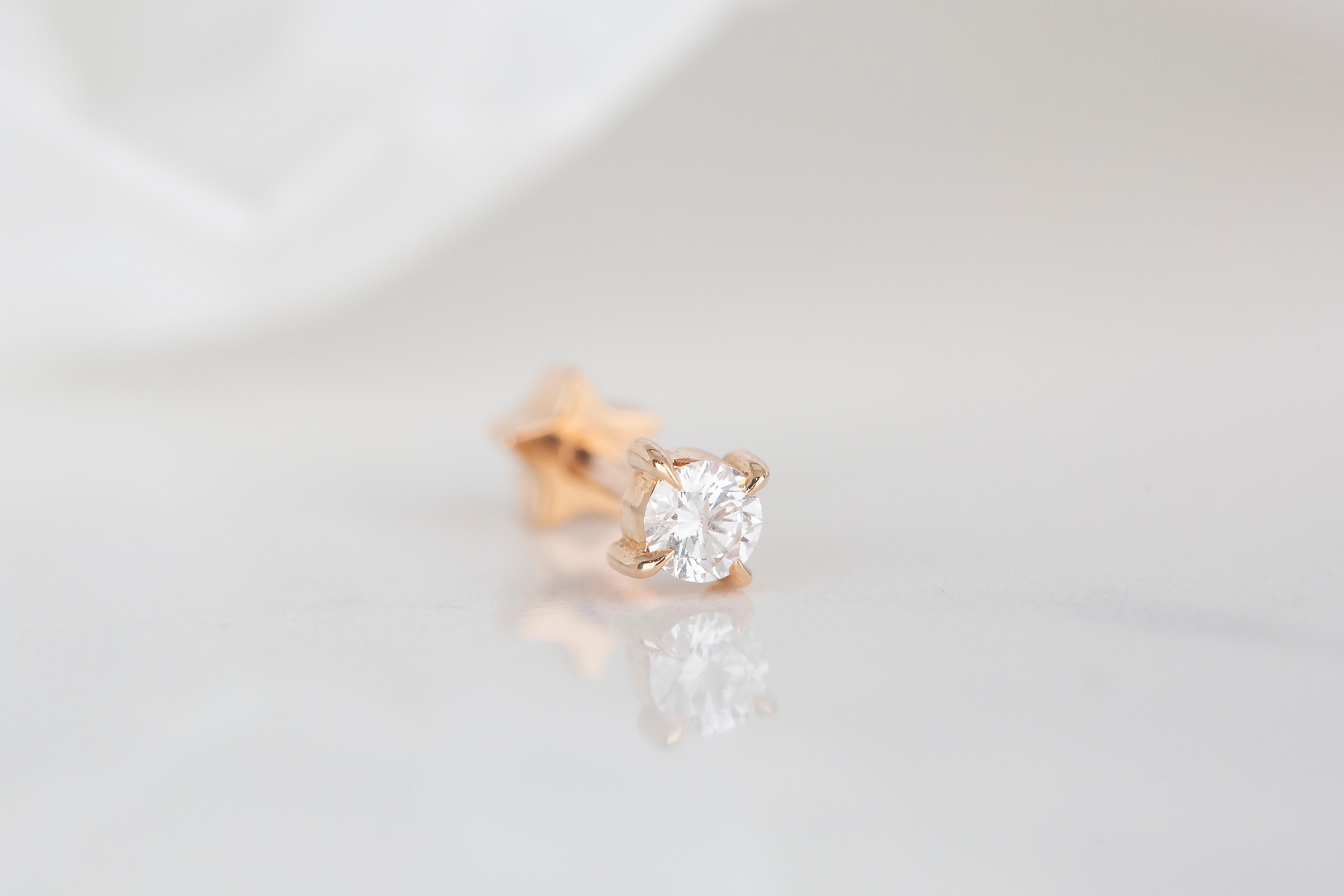 Round Cut 14K Gold 0.11 Ct Diamond Piercing, Gold 0.11 Ct Diamond Earring