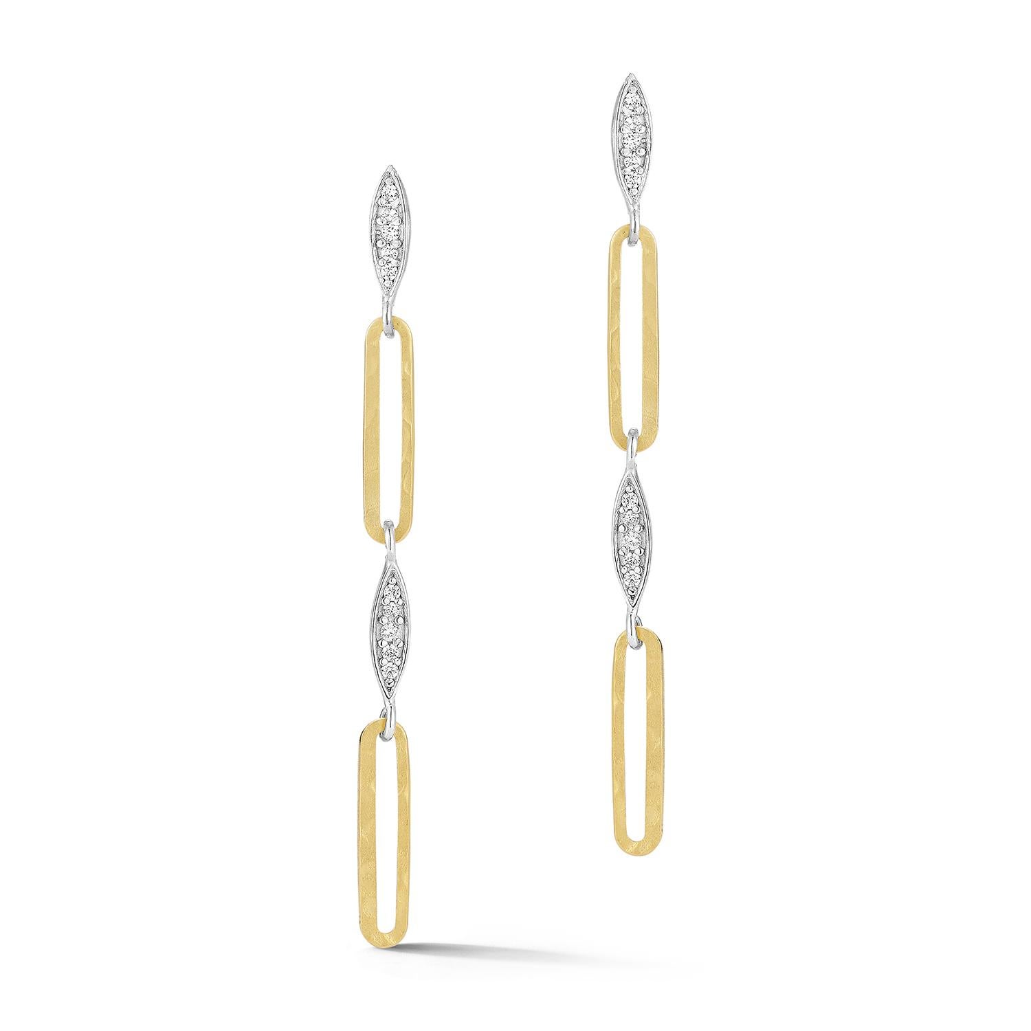 14 Karat Gelbgold, mattiert und gehämmert, baumelnde, offene Gliederohrringe, verziert mit 0,12 Karat marquiseförmigen, gepflasterten Diamantgliedern
