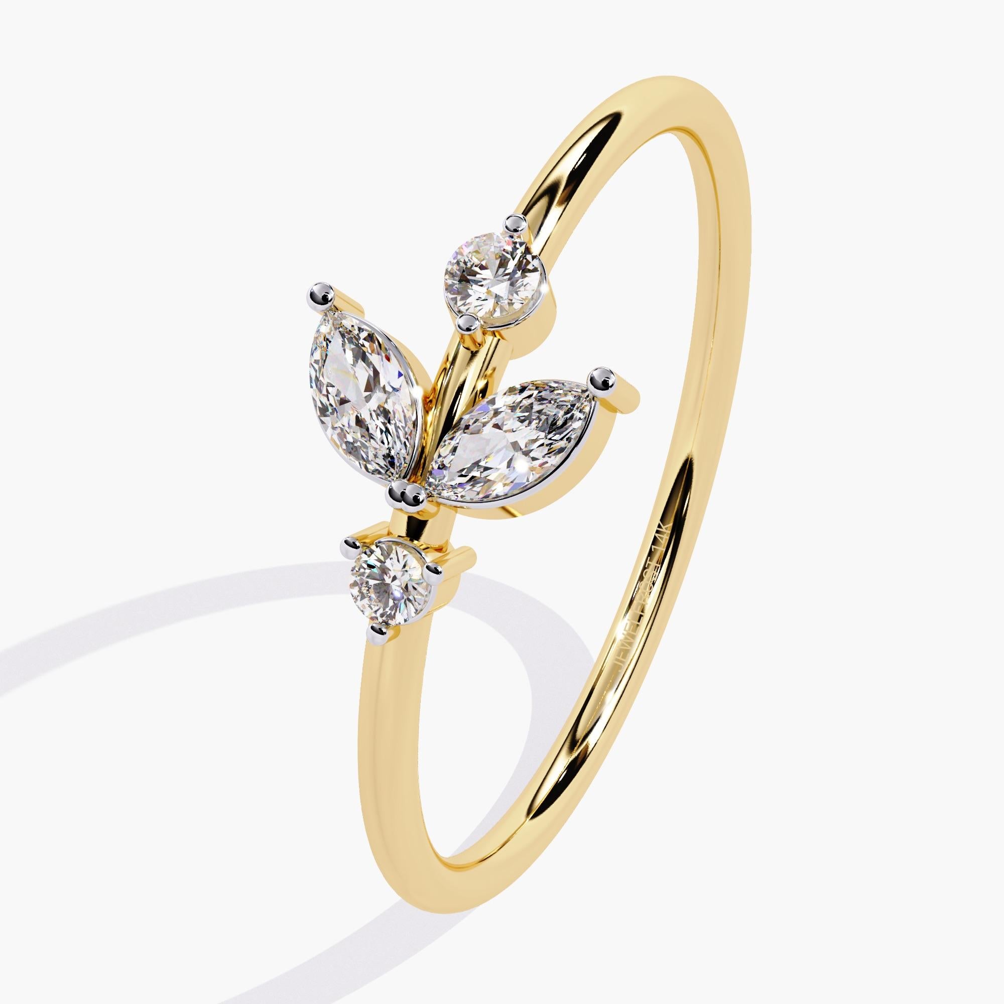 Modern 14K Gold 0.12 Ctw Marquise Leaf Natural Diamond Ring SI GH For Sale