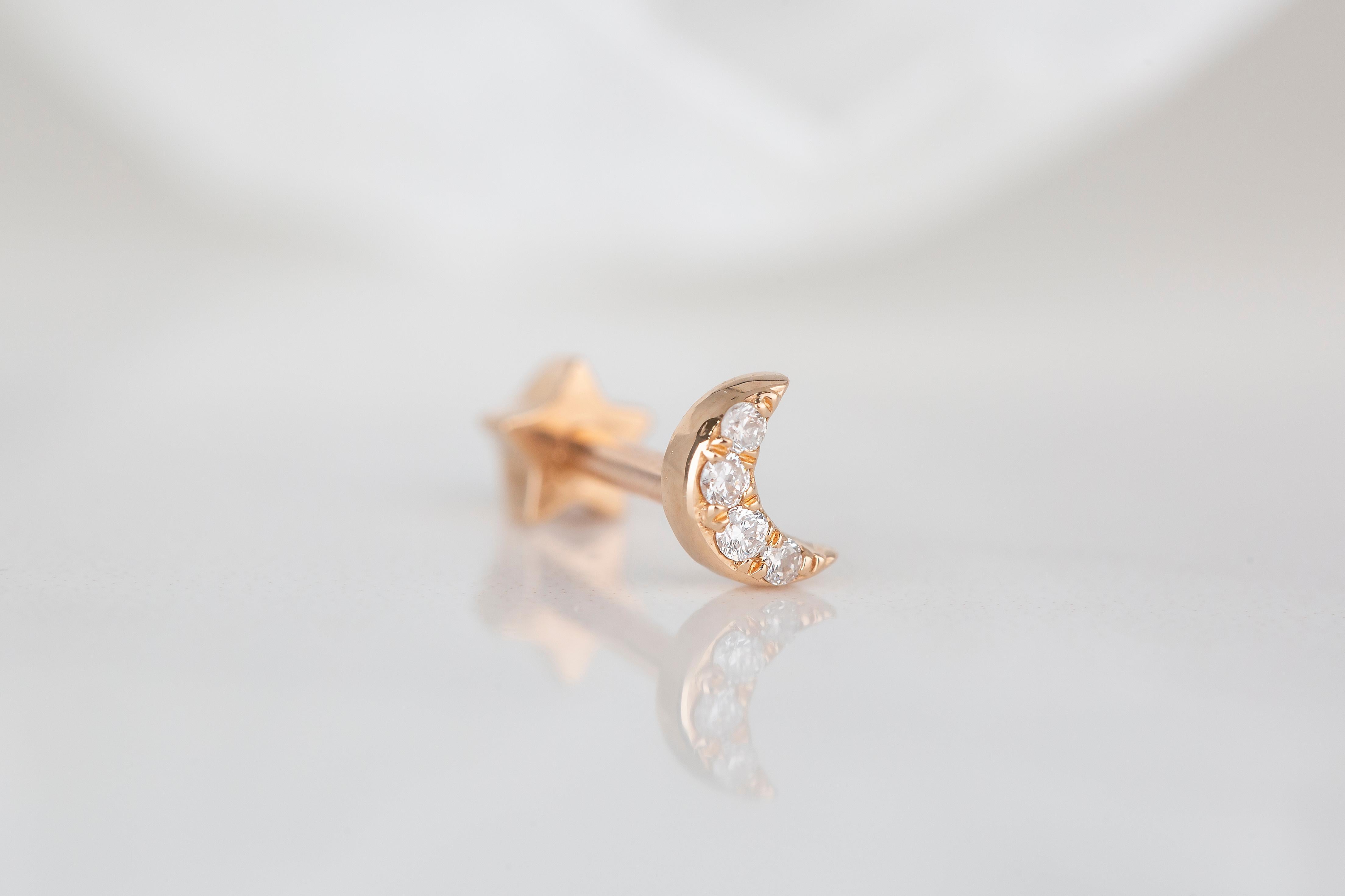 14K Gold 0.13 Ct Diamond Crescent Piercing, Gold Half Moon Diamond Earring In New Condition In ISTANBUL, TR