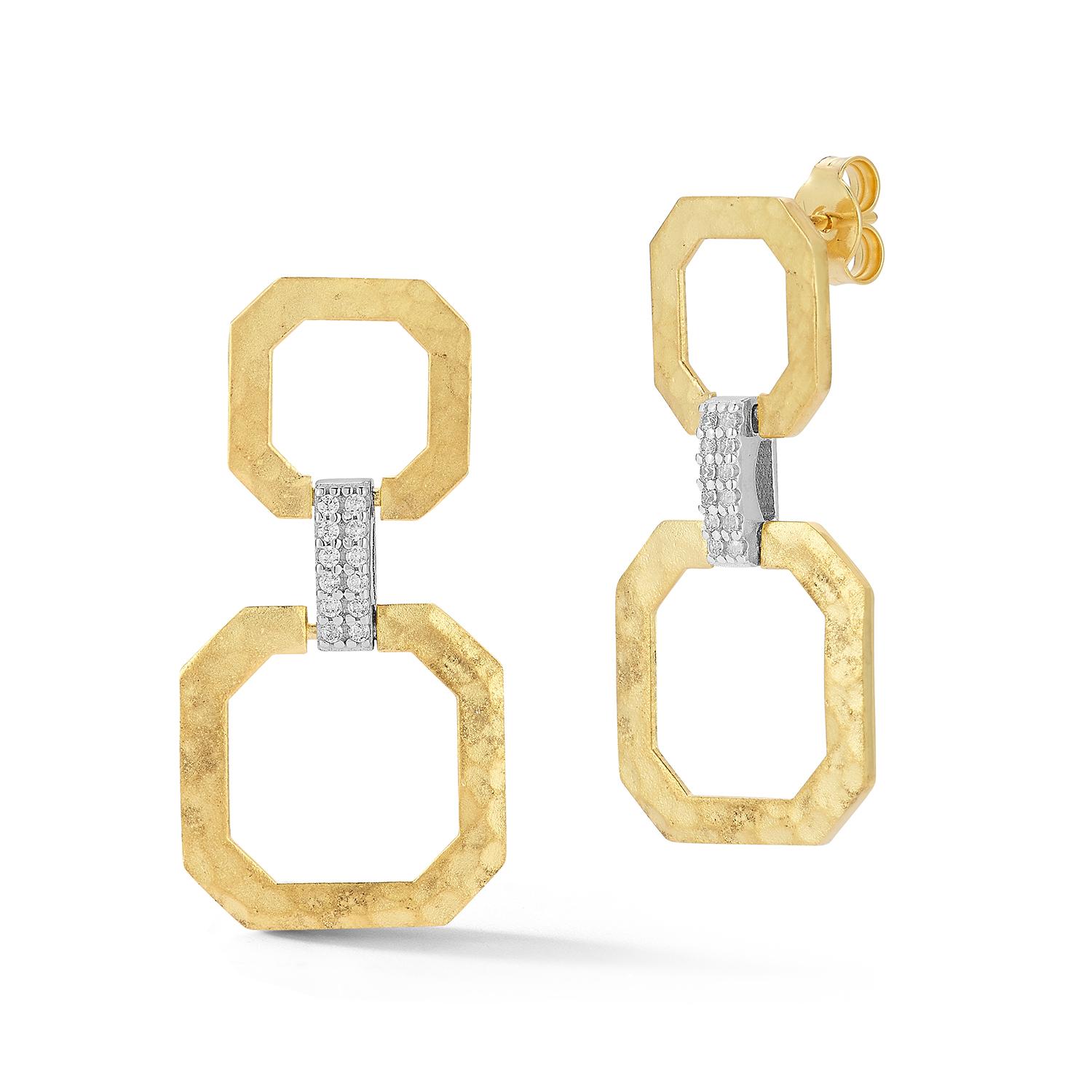 14 Karat Gelbgold, mattiert und gehämmert, baumelnde, offene, abgestufte Achteck-Ohrringe, besetzt mit 0,15 Karat Diamanten im Pave-Set
