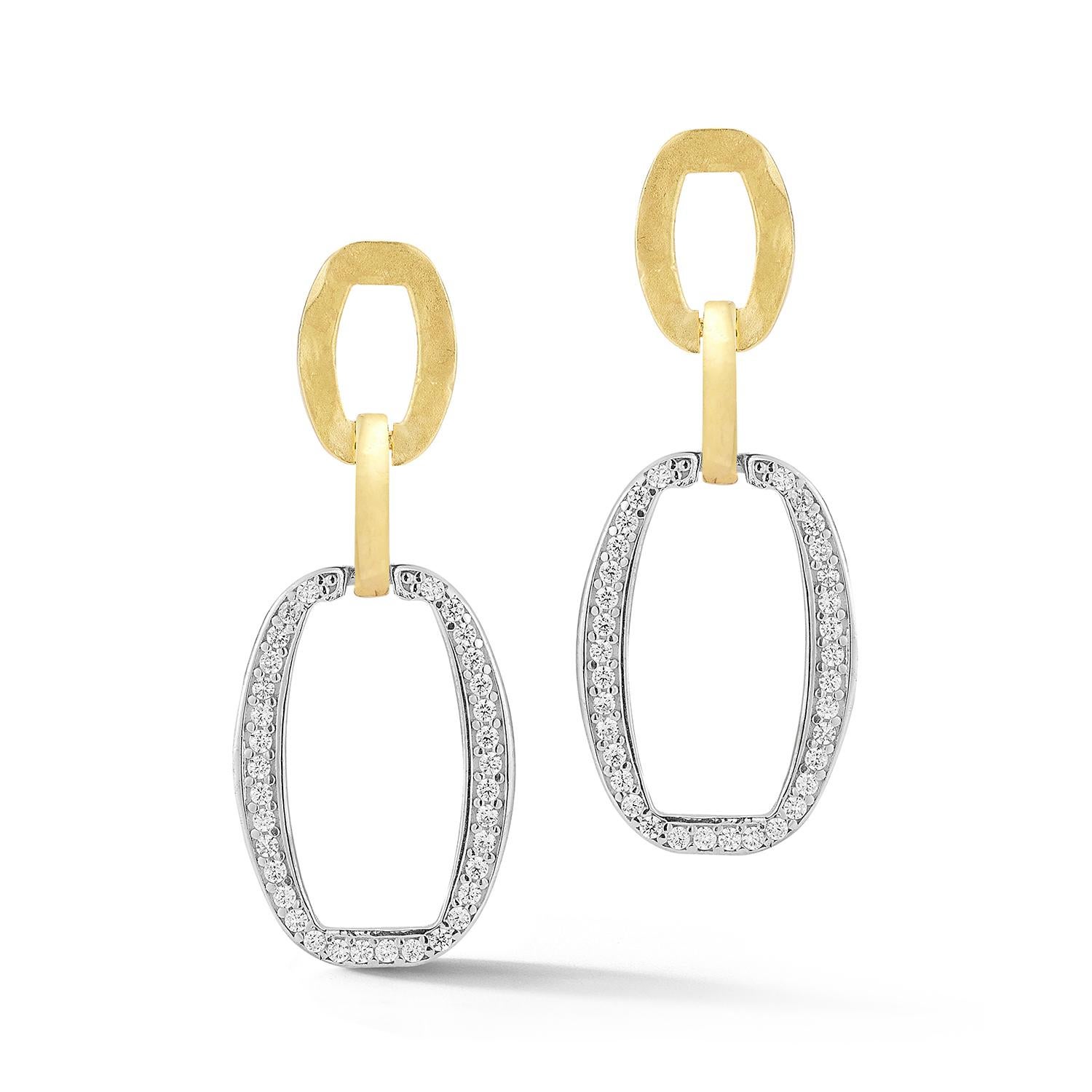 14 Karat Gelbgold, mattiert und gehämmert, baumelnde, offene Ellipsen-Ohrringe, besetzt mit 0,18 Karat Diamanten im Pave-Set
