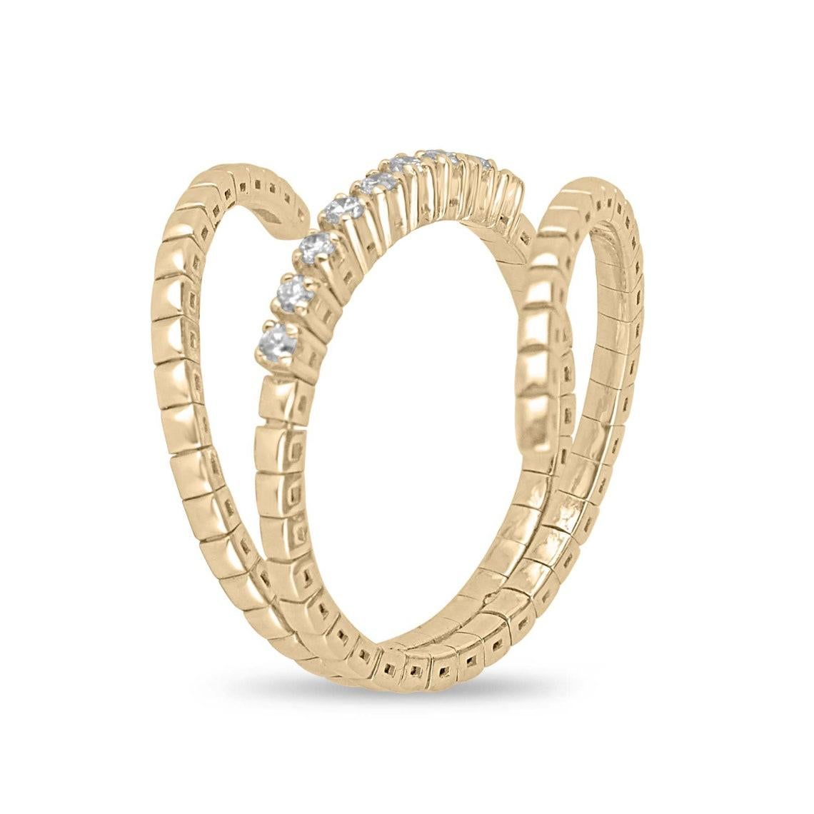 Introducing our versatile and trendy Flexible Emerald Band Ring, a 3-in-1 masterpiece designed to complement any style with ease. The central band dazzles with a row of petite brilliant round cut diamonds, while the flexible and retractable gold