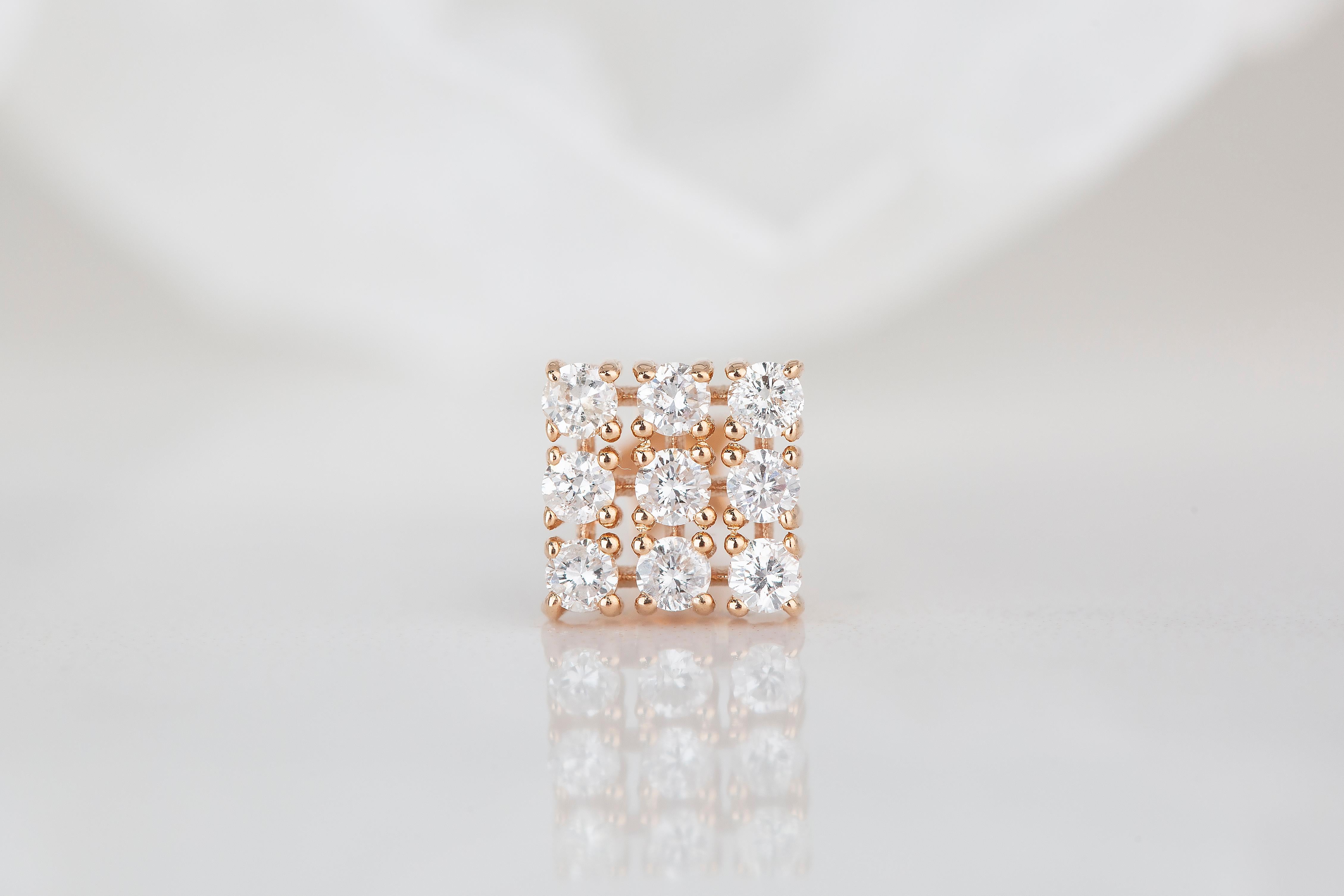 Baguette Cut 14K Gold 0.22 Ct Diamond Plaid Piercing, Gold Diamond Square Earring For Sale