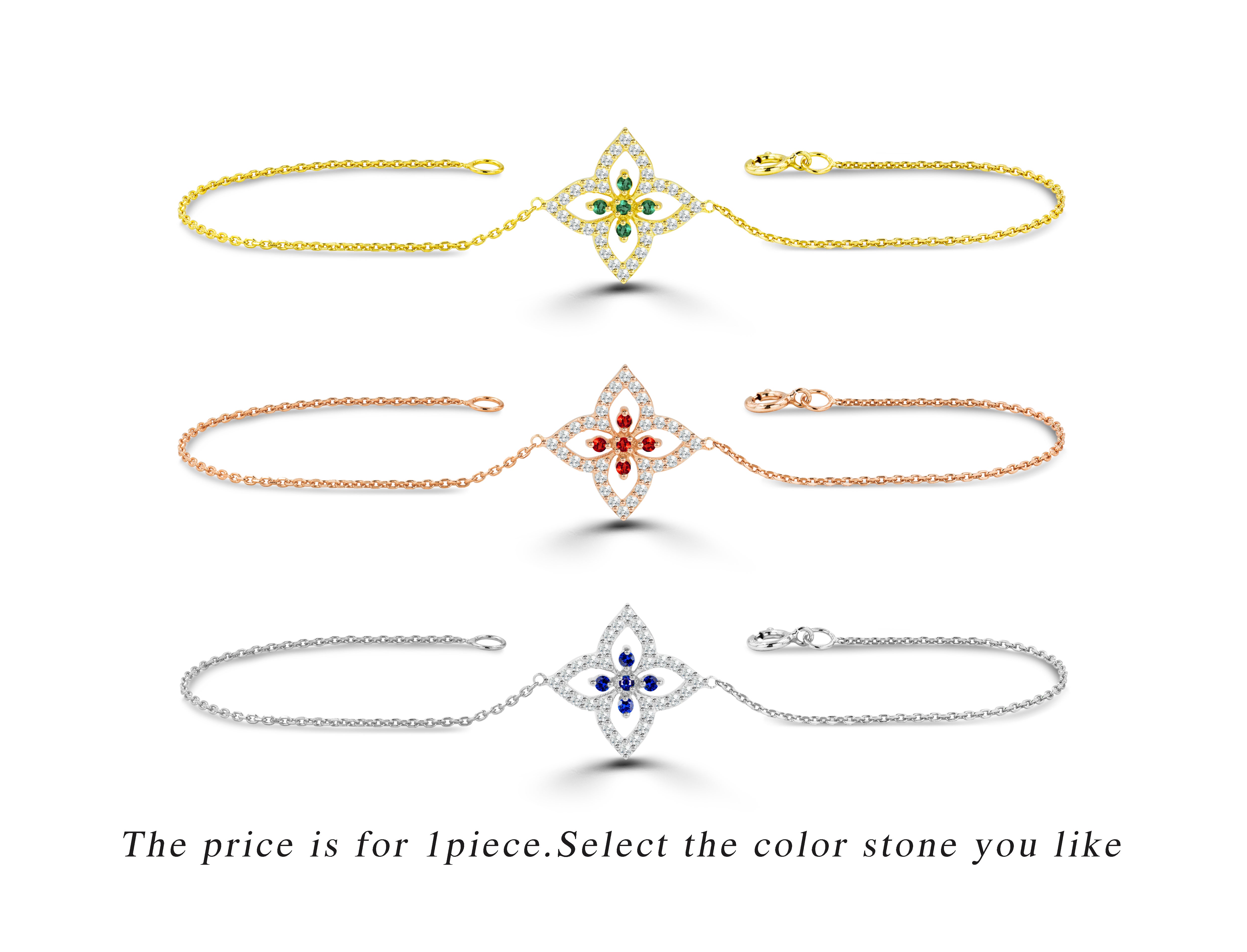 14k Gold 0.25 Carat Diamond clover bracelet with Emerald, Ruby and Sapphire For Sale