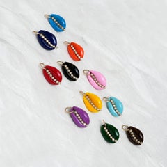 14K Gold 0.26 Ct Diamond Bezel Multi-Color Enamel Cowrie Shell Charm Set Pendant