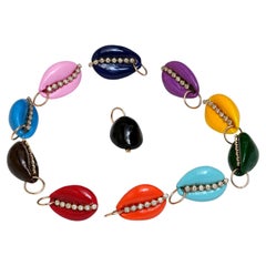 14K Gold 0.26 Ct Diamond Bezel Multi-Color Enamel Cowrie Shell Charm Set Pendant