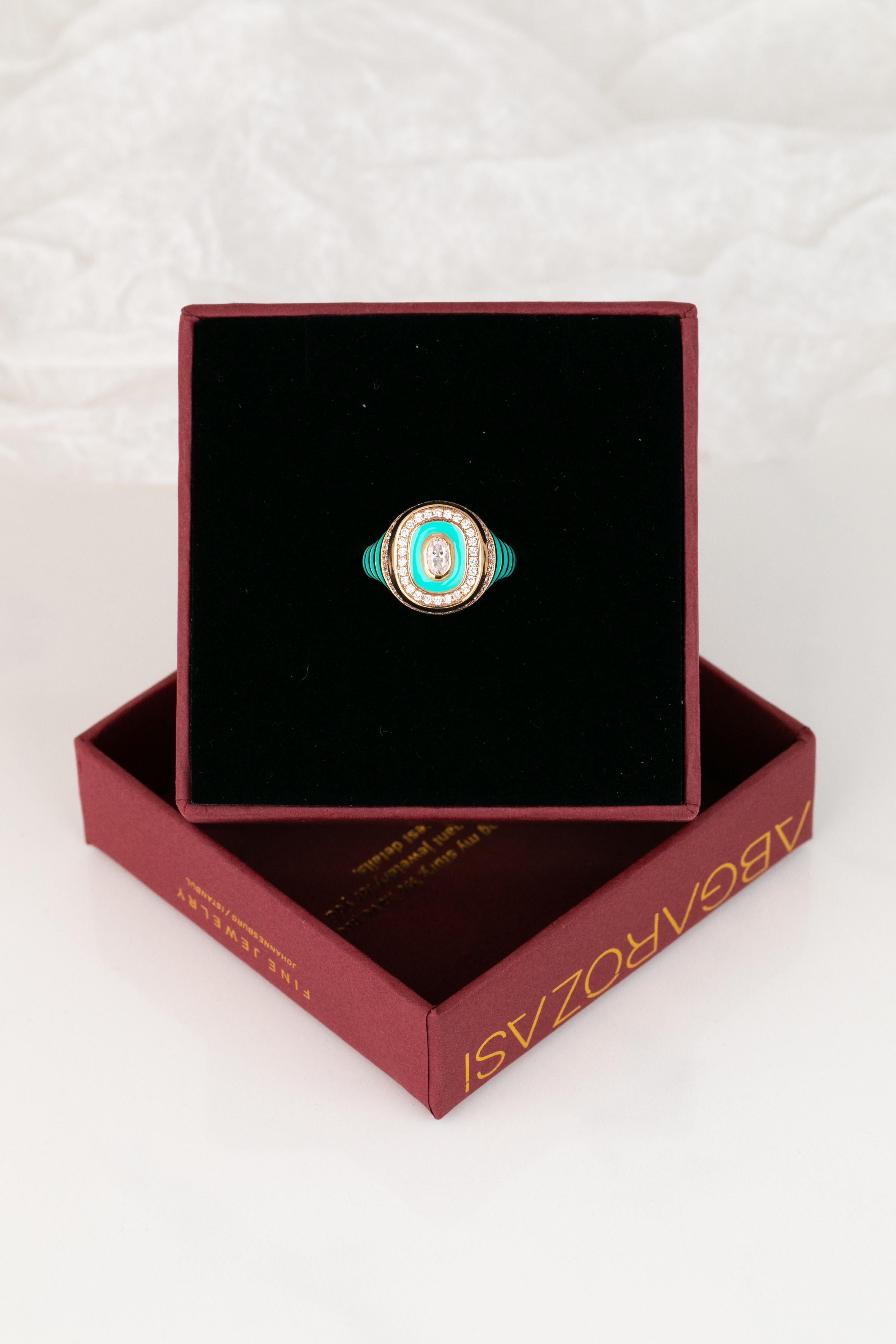 For Sale:  14K Gold 0.30 Ct Moissanite & Diamond Enameled Cocktail Ring, Chevalier Ring 12