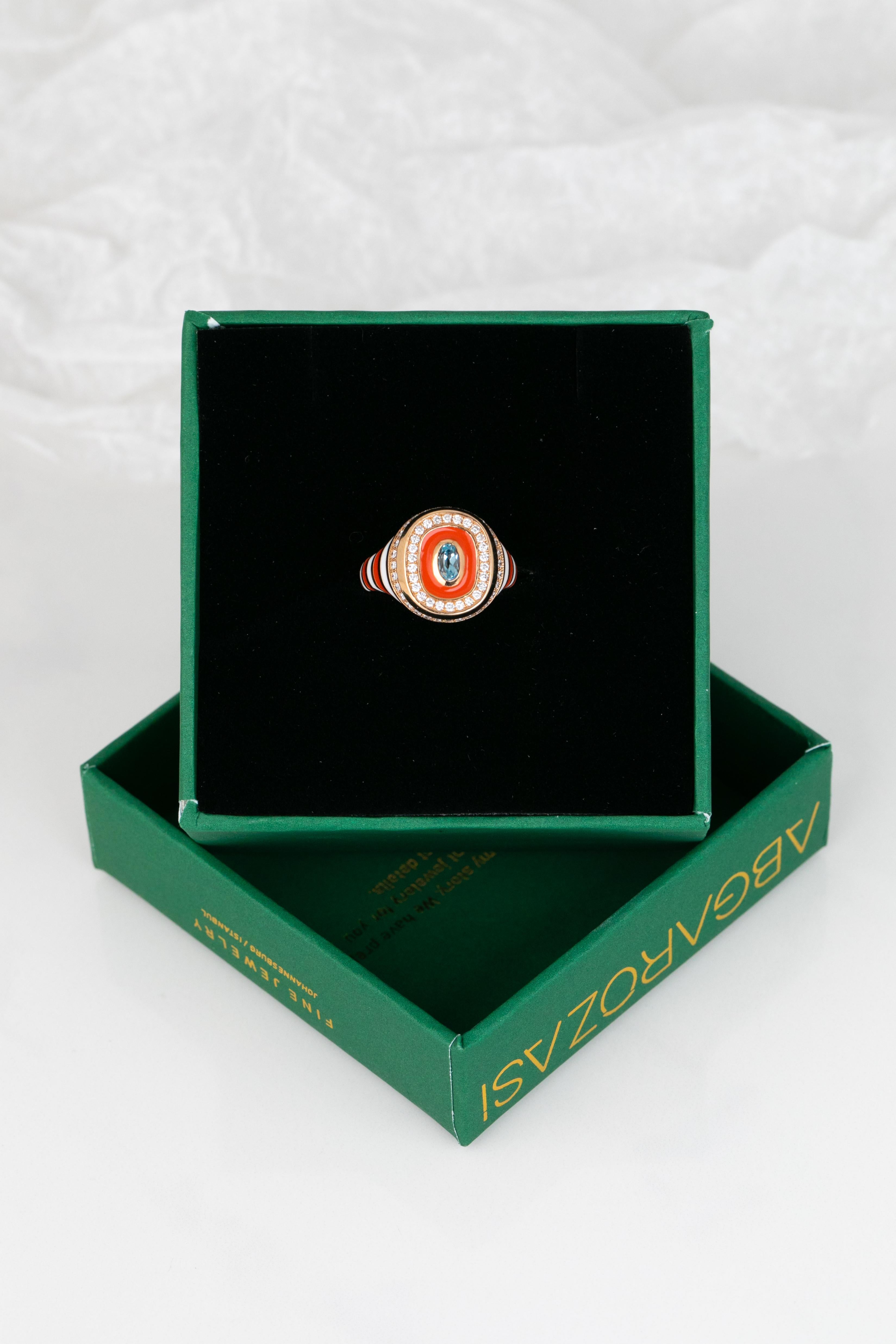 For Sale:  14K Gold 0.32 Ct Sky Topaz & Diamond Enameled Cocktail Ring, Chevalier Ring 6