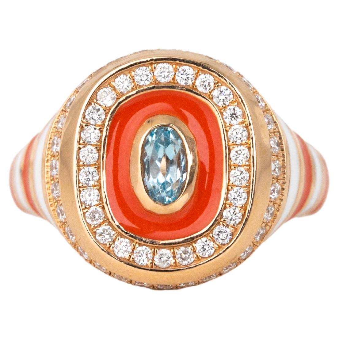 For Sale:  14K Gold 0.32 Ct Sky Topaz & Diamond Enameled Cocktail Ring, Chevalier Ring