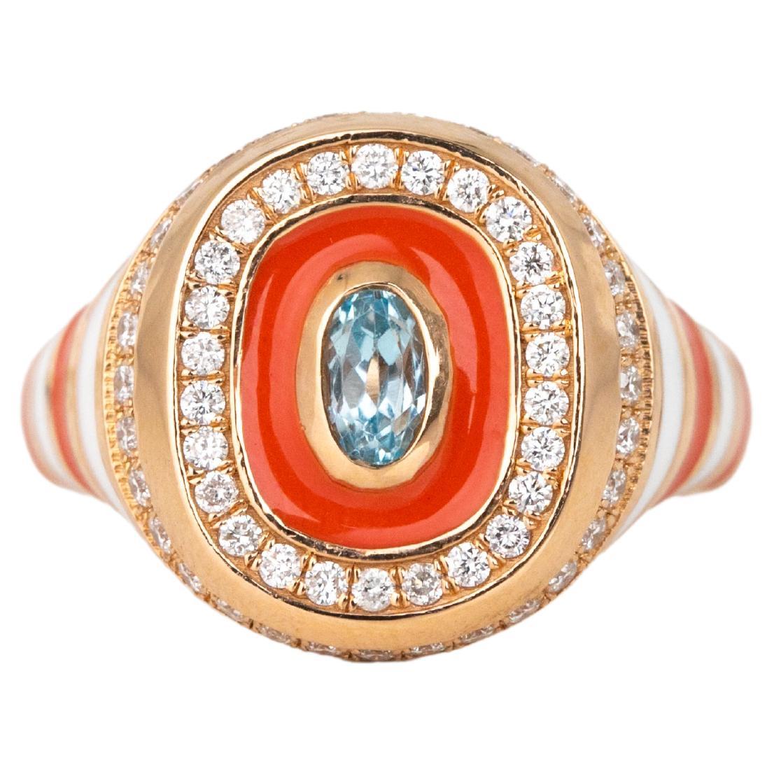 14K Gold 0.32 Ct Sky Topaz & Diamond Enameled Cocktail Ring, Chevalier Ring