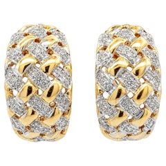 14k Gold 0.32ctw Diamond Weave Braided Basket Pattern Wide Cuff Hoop Earrings