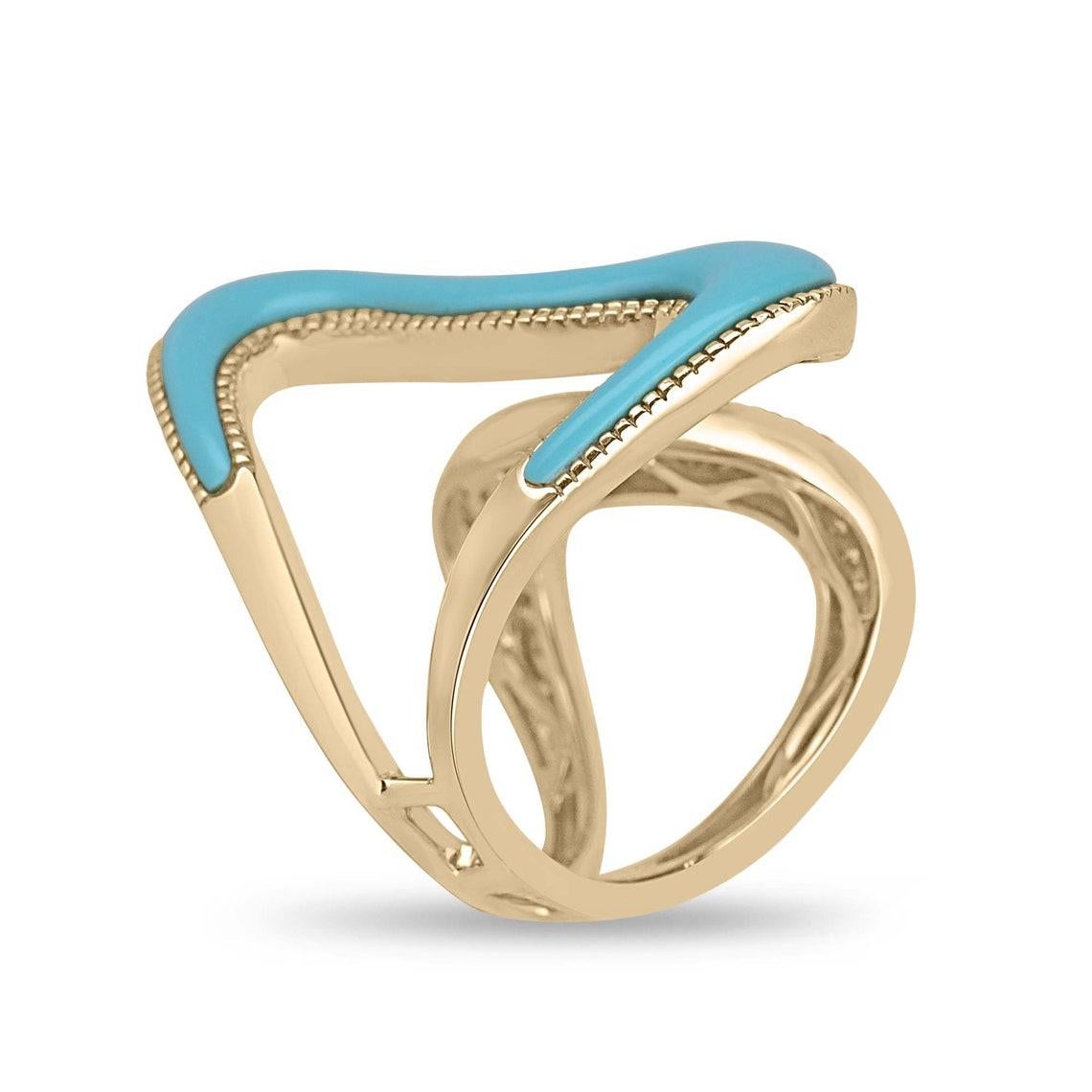 Libérez l'excentrique qui sommeille en vous avec notre bague Funky Abstract Statement Ring. Cette pièce d'avant-garde met en valeur de superbes pierres turquoise et un éblouissant pavage de diamants, épousant élégamment votre doigt tout en faisant