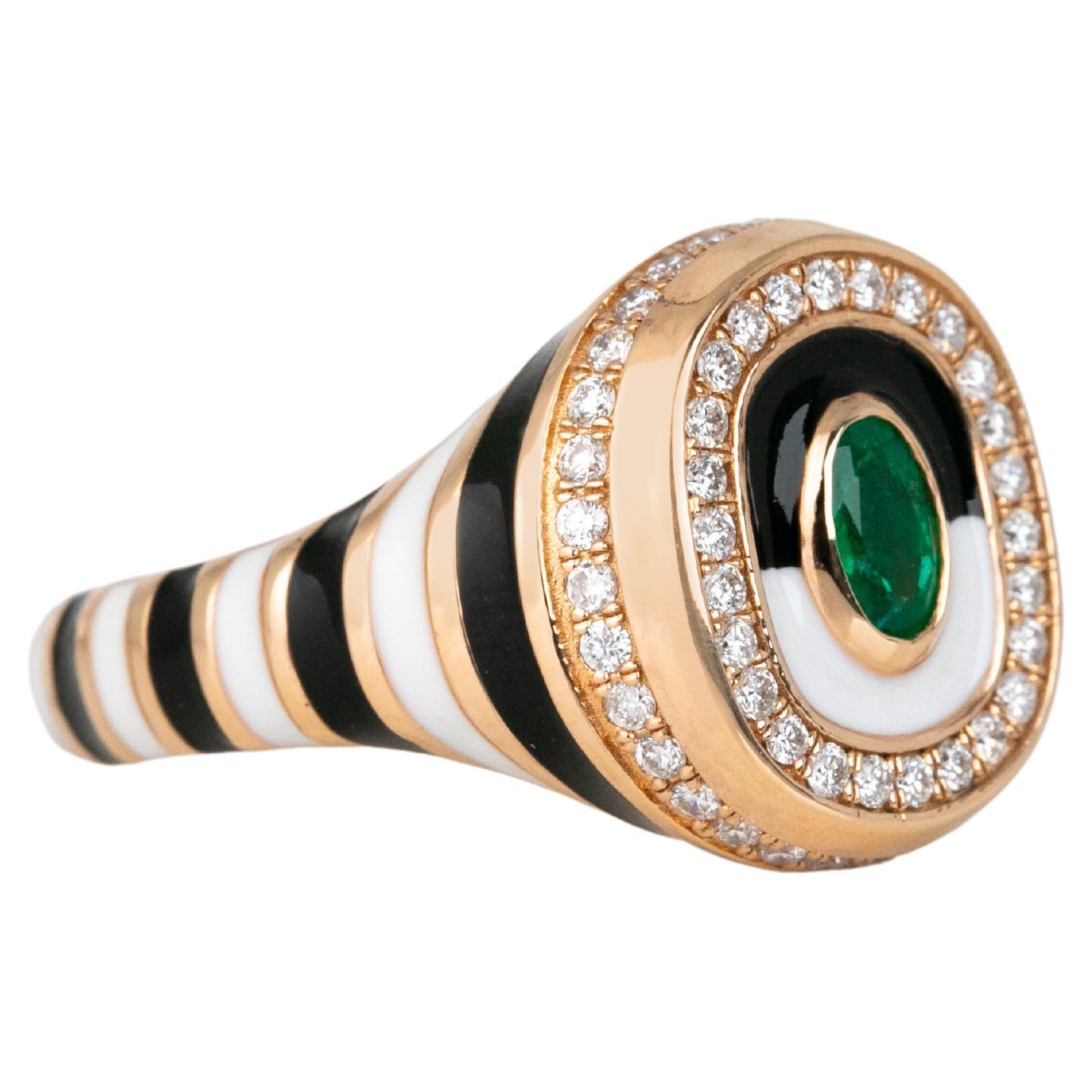 For Sale:  14K Gold 0.43 Ct Emerald & Diamond Enameled Cocktail Ring, Chevalier Ring 2