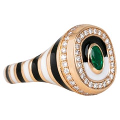14K Gold 0.43 Ct Emerald & Diamond Enameled Cocktail Ring, Chevalier Ring