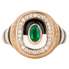 14K Gold 0.43 Ct Emerald & Diamond Enameled Cocktail Ring, Chevalier Ring