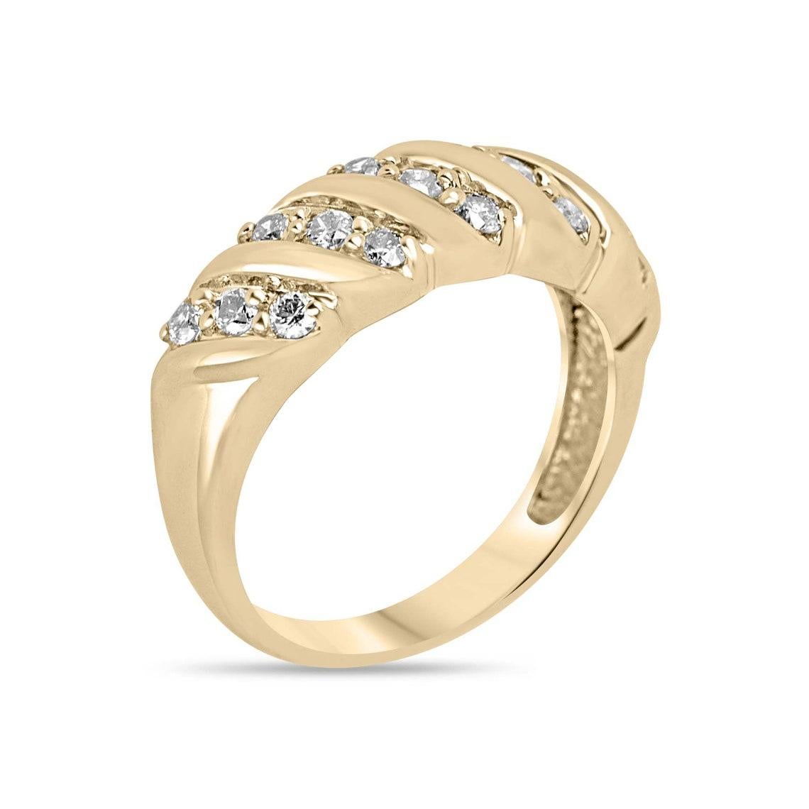 Irradia un'eterna brillantezza con questo squisito anello con diamante da donna. Cinque splendide file di diamanti brillanti a taglio rotondo abbelliscono la fascia, creando uno scintillio incantevole come nessun altro. Con quasi mezzo carato di