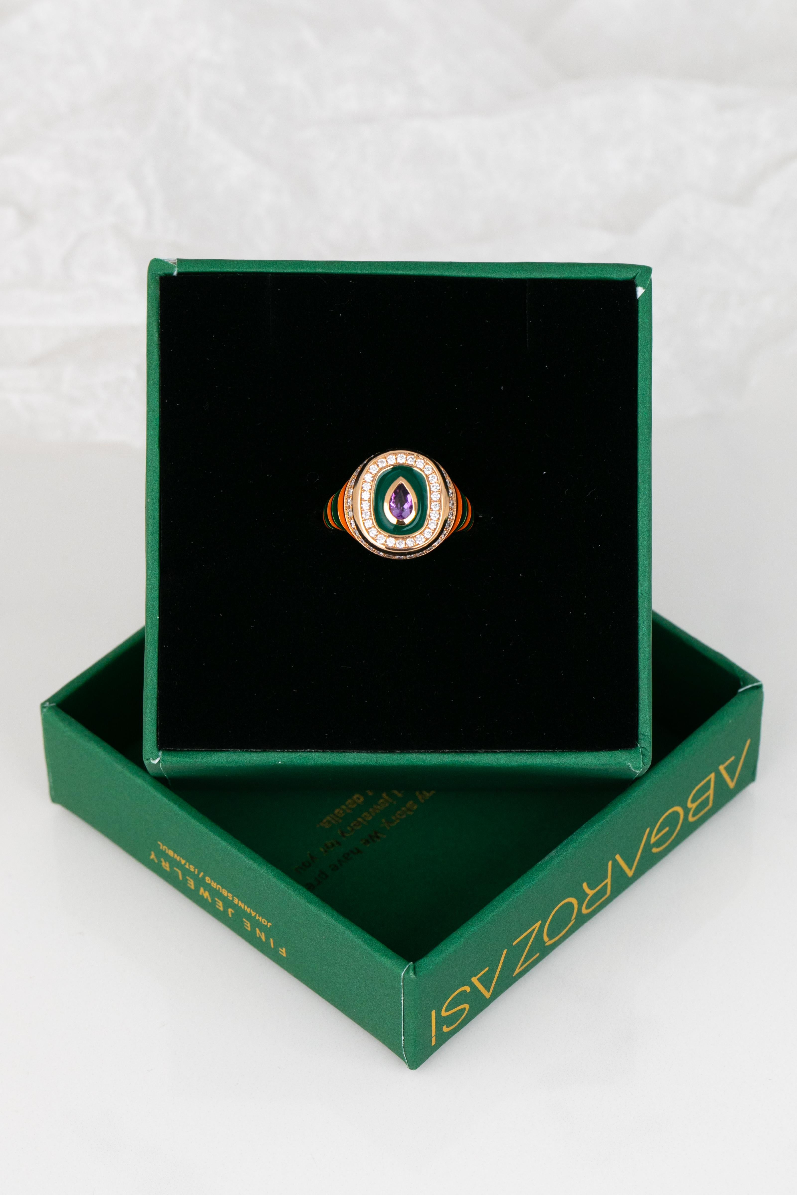 For Sale:  14K Gold 0.50 Ct Amethyst & Diamond Enameled Cocktail Ring, Chevalier Ring 12