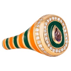 14K Gold 0.50 Ct Amethyst & Diamond Enameled Cocktail Ring, Chevalier Ring