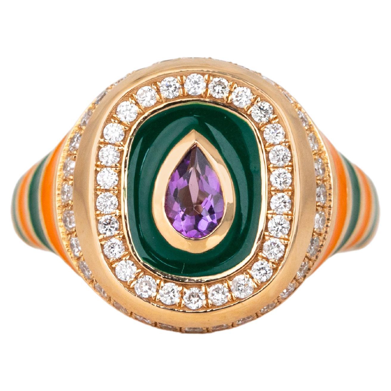 14K Gold 0.50 Ct Amethyst & Diamond Enameled Cocktail Ring, Chevalier Ring