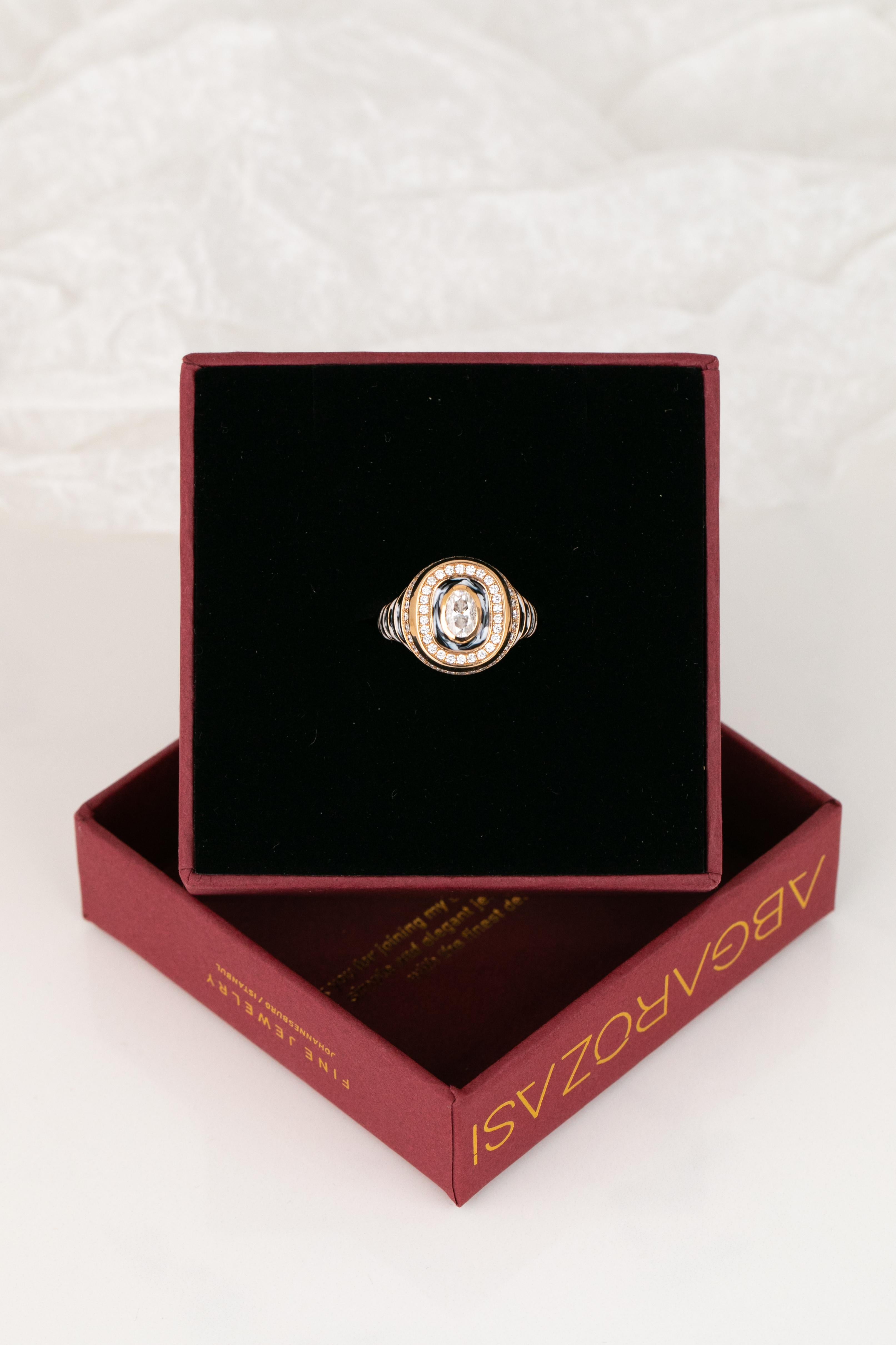 For Sale:  14K Gold 0.50 Ct Moissanite & Diamond Enameled Cocktail Ring, Chevalier Ring 13