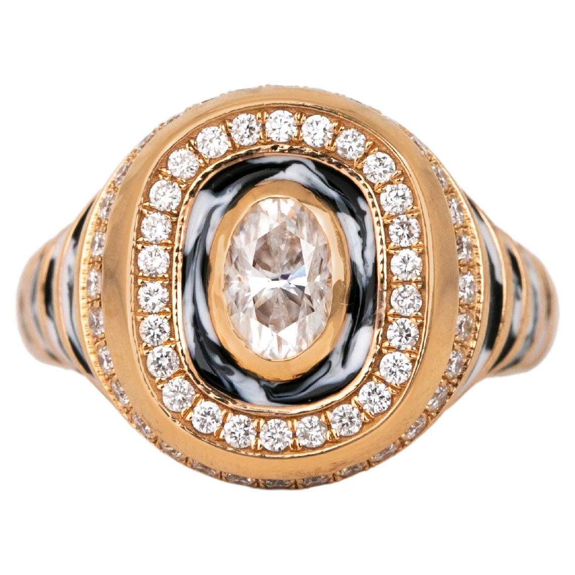 For Sale:  14K Gold 0.50 Ct Moissanite & Diamond Enameled Cocktail Ring, Chevalier Ring