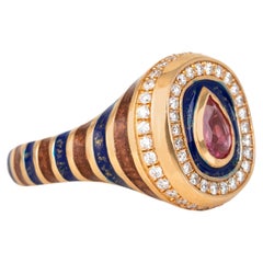 14K Gold 0.50 Ct Tourmaline & Diamond Enameled Cocktail Ring, Chevalier Ring