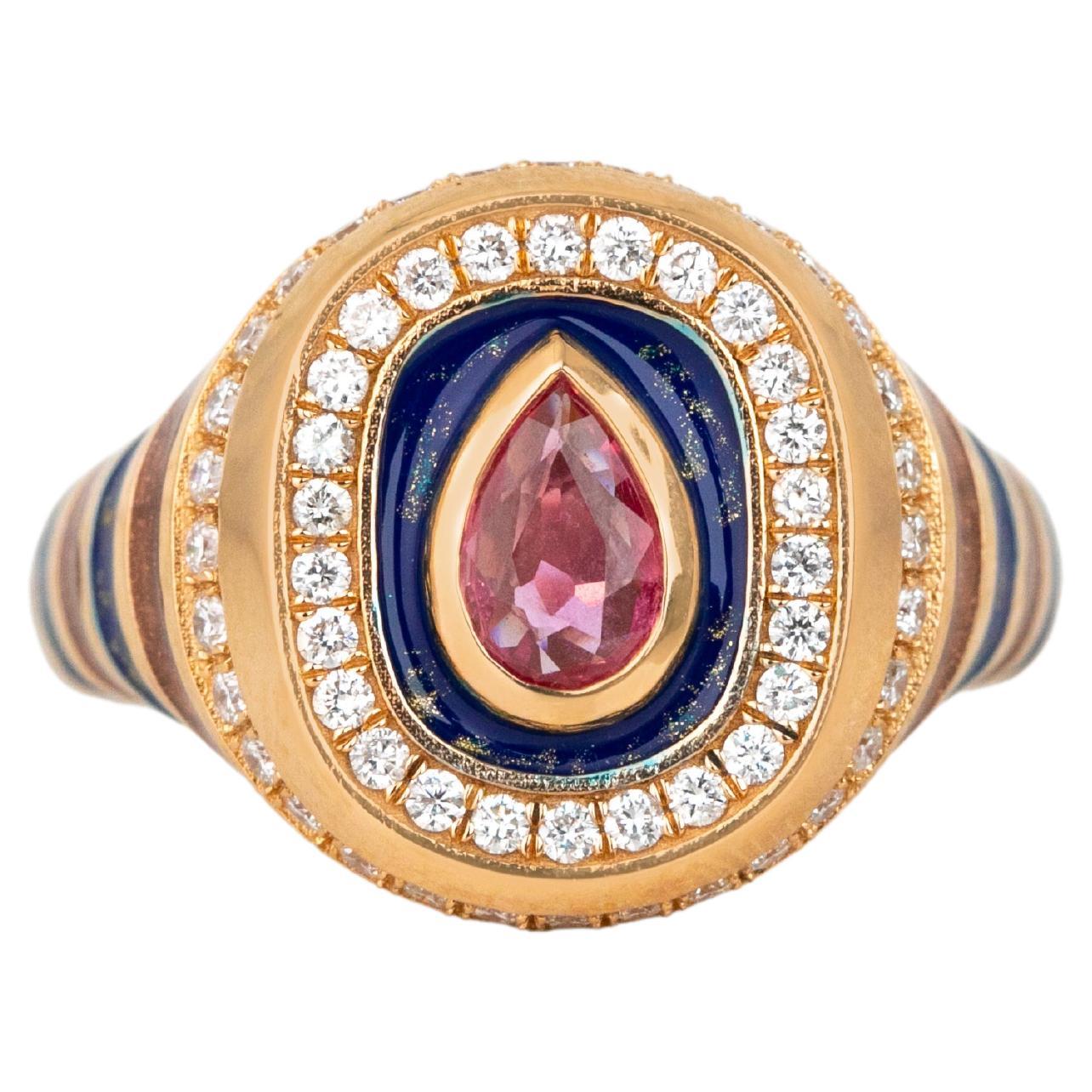 For Sale:  14K Gold 0.50 Ct Tourmaline & Diamond Enameled Cocktail Ring, Chevalier Ring