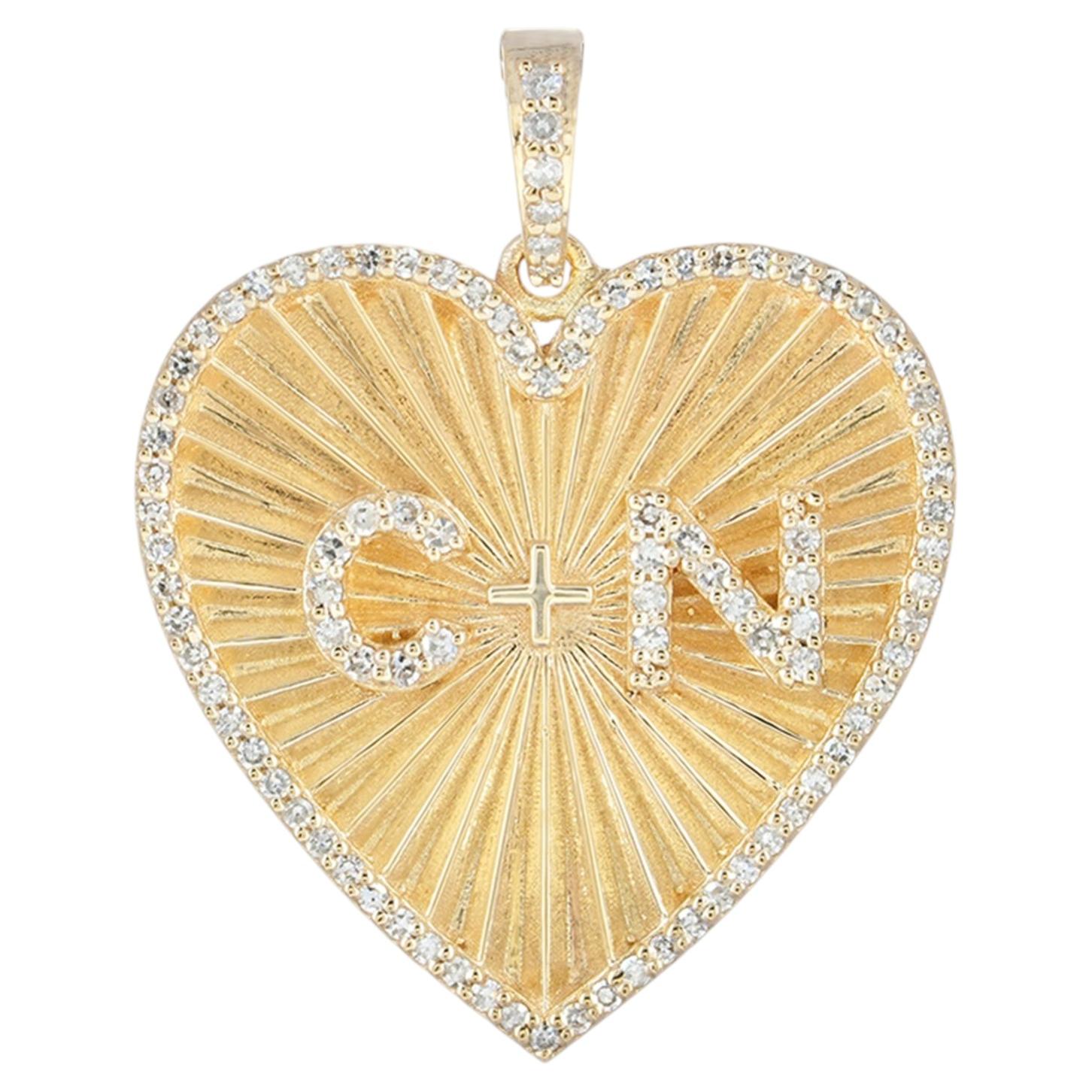 14K Gold 0.52 Ct Diamond Double Initial Heart Pendant C+N Sunburst Medallion For Sale